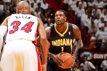 MIAMI, FL - MAY 30: Lance Stephenson #1 of the Indiana Pacers looks to shoot against Ray Allen #34 of the Miami Heat in Game Five of the Eastern Conference Finals during the 2013 NBA Playoffs on May 30, 2013 at American Airlines Arena in Miami, Florida. N