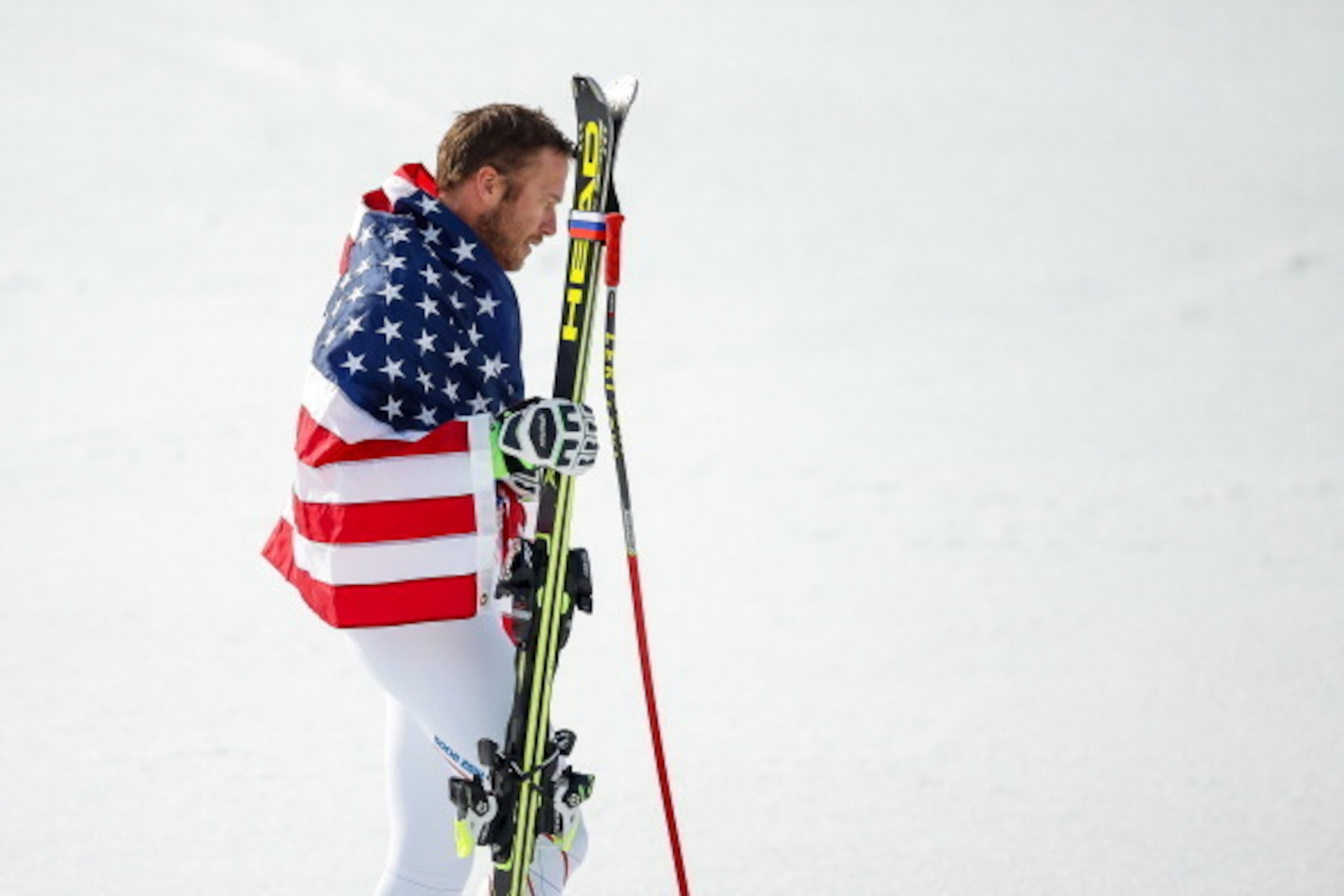 SOCHI, RUSSIA - FEBRUARY 16: (FRANCE OUT) Bode Miller of the USA wins joint bronze medal during the Alpine Skiing Men's Super-G at the Sochi 2014 Winter Olympic Games at Rosa Khutor Alpine Centre on February 16, 2014 in Sochi, Russia. (Photo by Agence Zoo