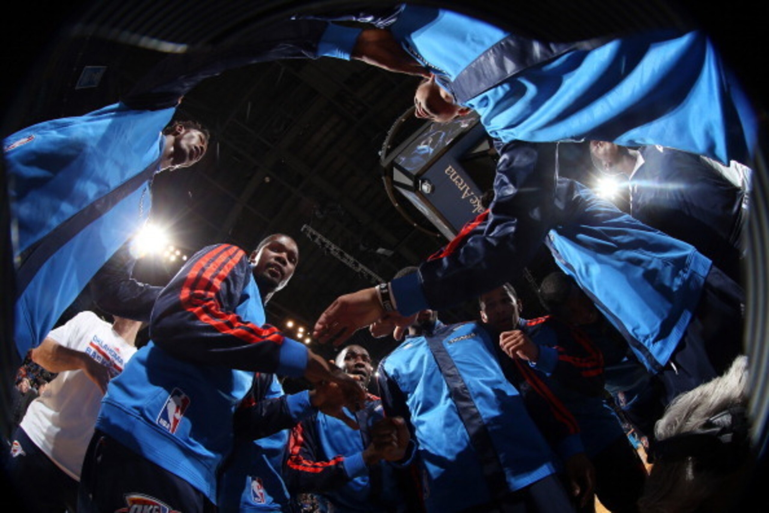 OKLAHOMA CITY, OK - NOVEMBER 24:  Kevin Durant #35 of the Oklahoma City Thunder huddles before the game against the Utah Jazz on November 24, 2013 at the Chesapeake Energy Arena in Oklahoma City, Oklahoma. NOTE TO USER: User expressly acknowledges and agr