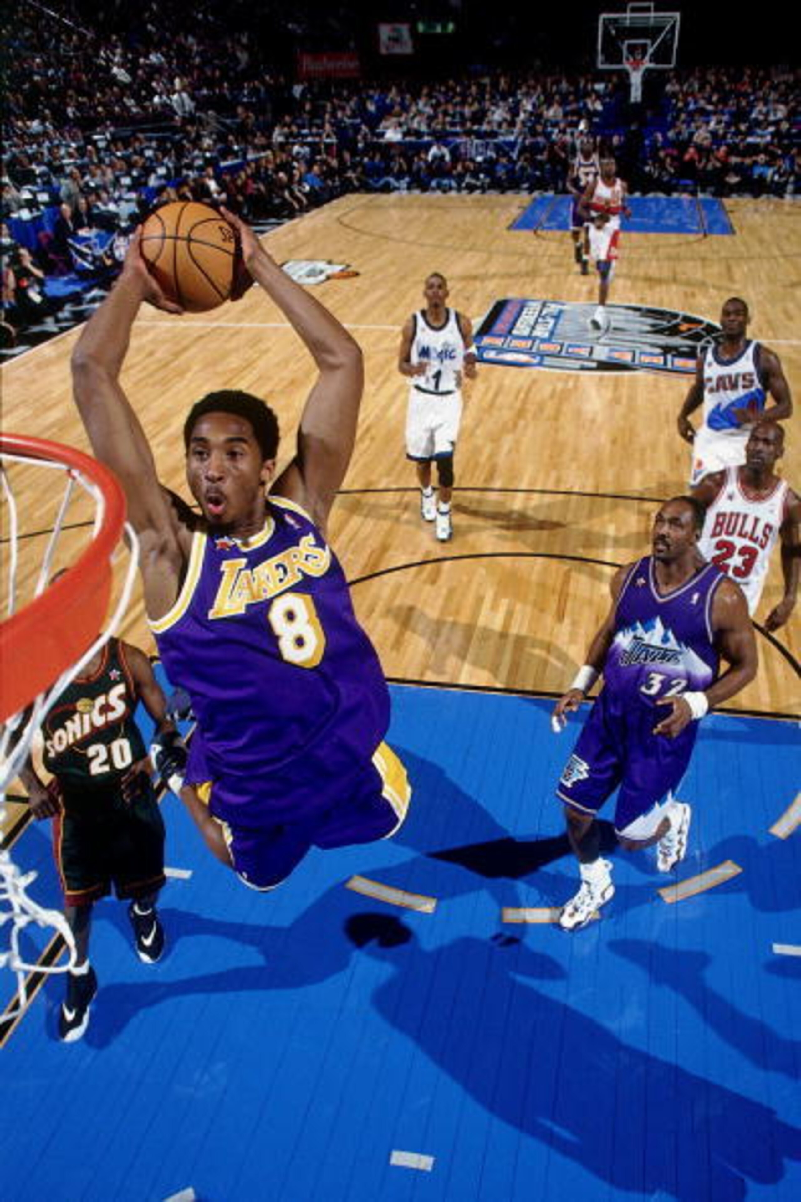 NEW YORK - FEBRUARY 8:  Kobe Bryant #8 of the Los Angeles Lakers attempts a dunk during the 1998 NBA All-Star Game on February 8, 1998 at Madison Square Garden in New York, New York.  NOTE TO USER: User expressly acknowledges that, by downloading and or u