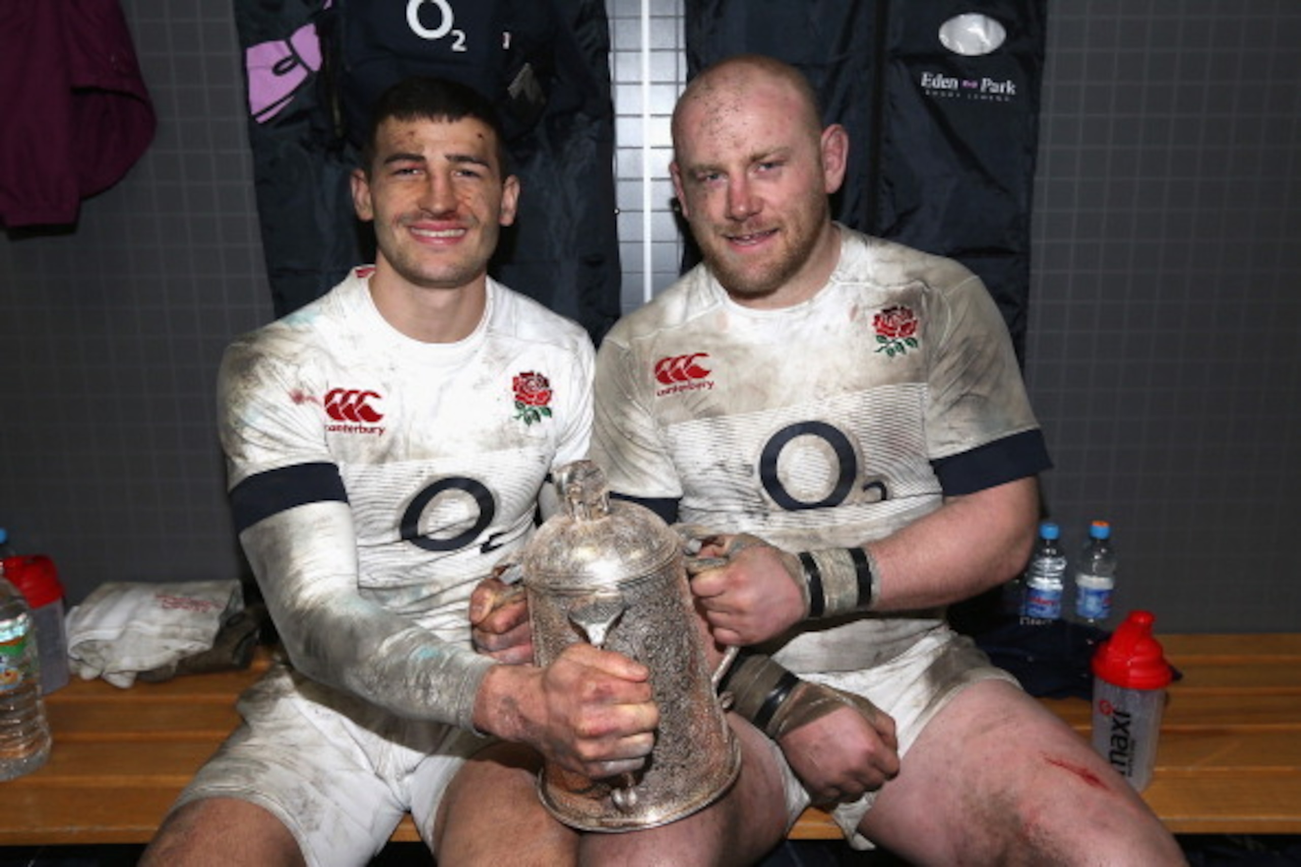 EDINBURGH, SCOTLAND - FEBRUARY 08:  Jonny May (L) and Dan Cole celebrate with the Calcutta Cup after thier victory during the RBS Six Nations match between Scotland and England at Murrayfield Stadium on February 8, 2014 in Edinburgh, Scotland.  (Photo by 