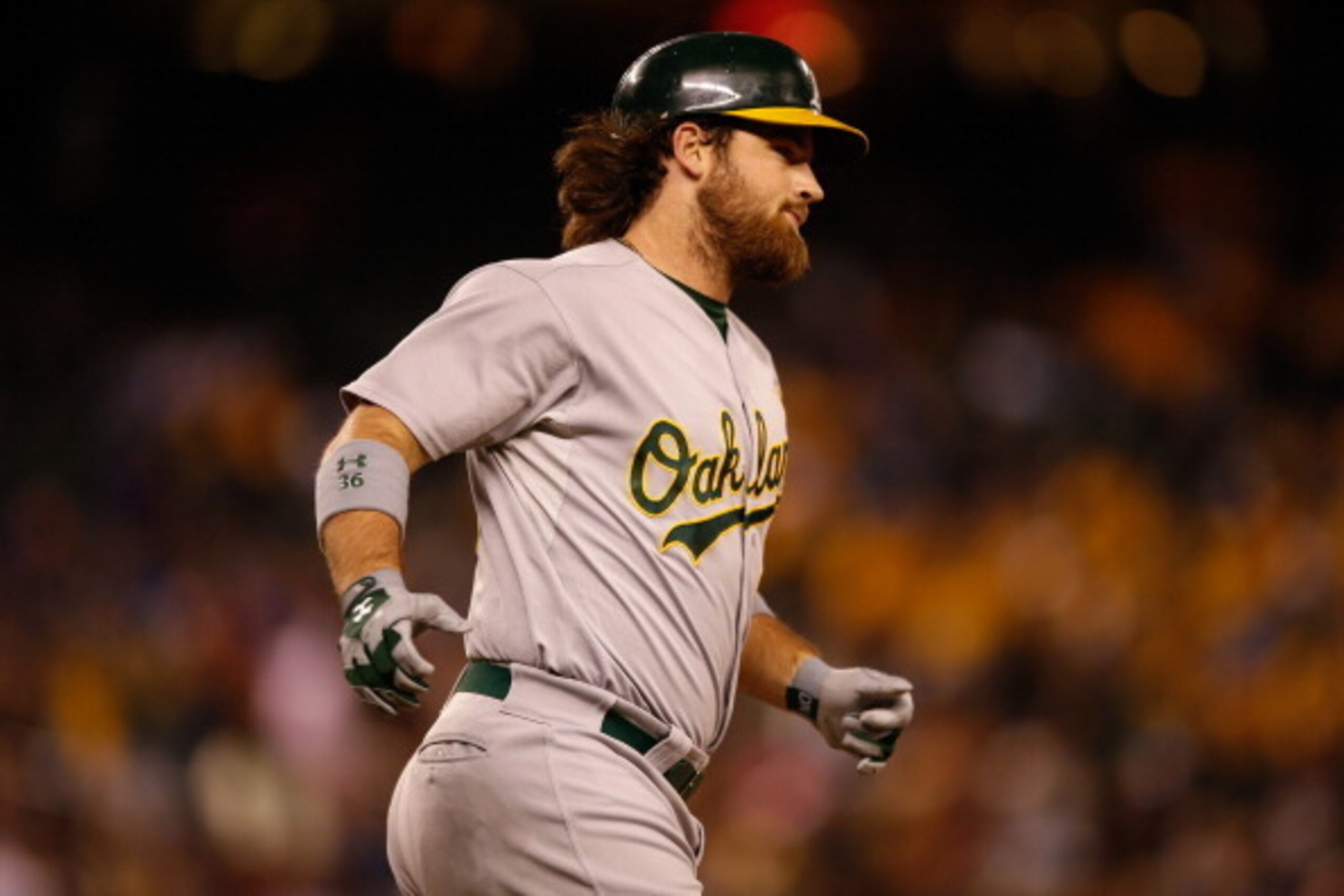 SEATTLE, WA - SEPTEMBER 27:  Derek Norris #36 of the Oakland Athletics rounds the bases after hitting a two-run home run in the seventh inning against the Seattle Mariners at Safeco Field on September 27, 2013 in Seattle, Washington.  (Photo by Otto Greul