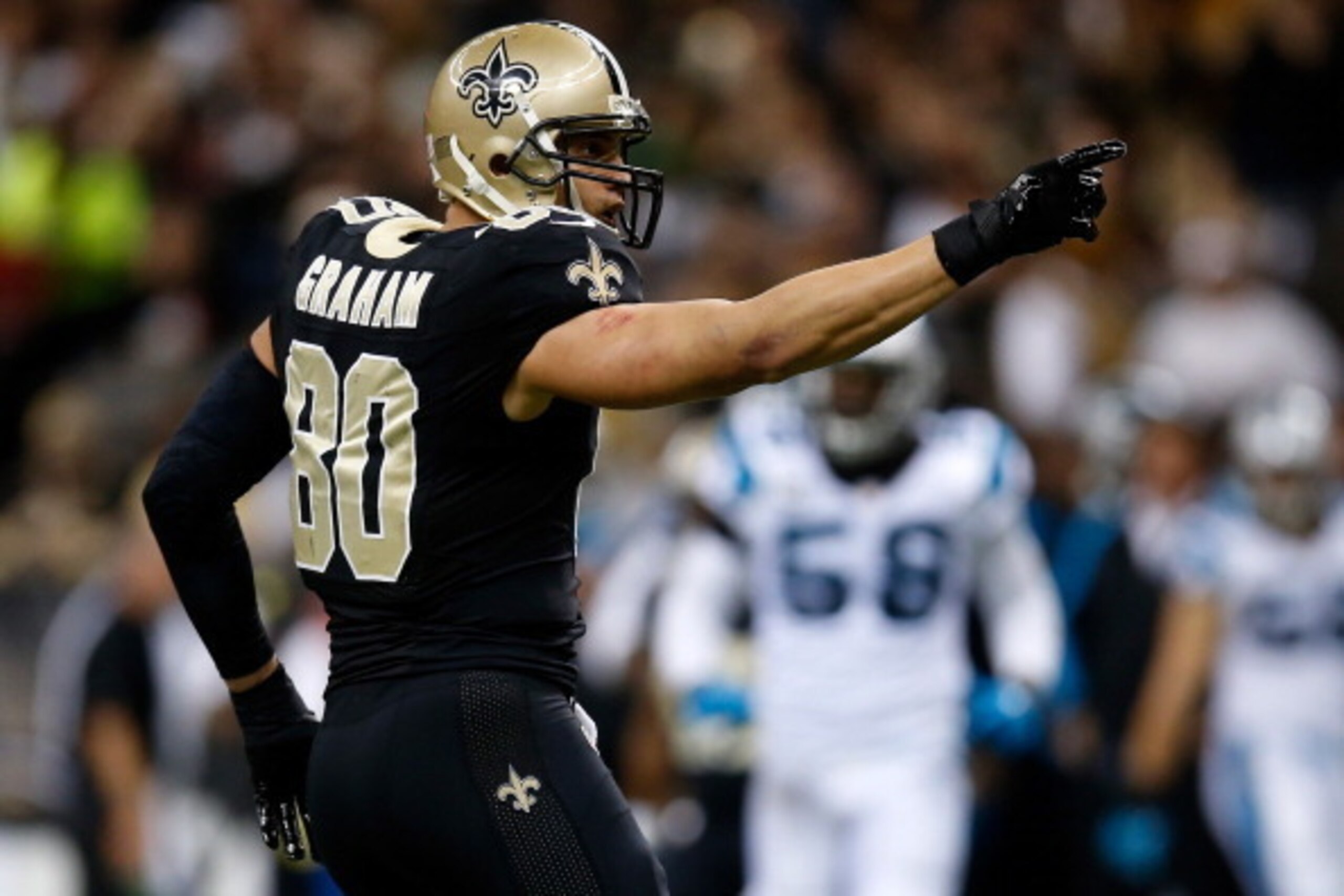 NEW ORLEANS, LA - DECEMBER 08:  Jimmy Graham #80 of the New Orleans Saints reacts after catching a pass against the Carolina Panthers at Mercedes-Benz Superdome on December 8, 2013 in New Orleans, Louisiana.  (Photo by Chris Graythen/Getty Images)