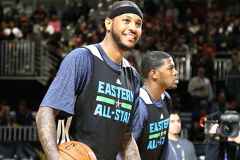 NEW ORLEANS, LA - FEBRUARY 15: Carmelo Anthony of the Eastern Conference All-Stars smiles during NBA All-Star Practice at Sprint Arena as part of 2014 NBA All-Star Weekend at the Ernest N. Morial Convention Center on February 15, 2014 in New Orleans, Loui