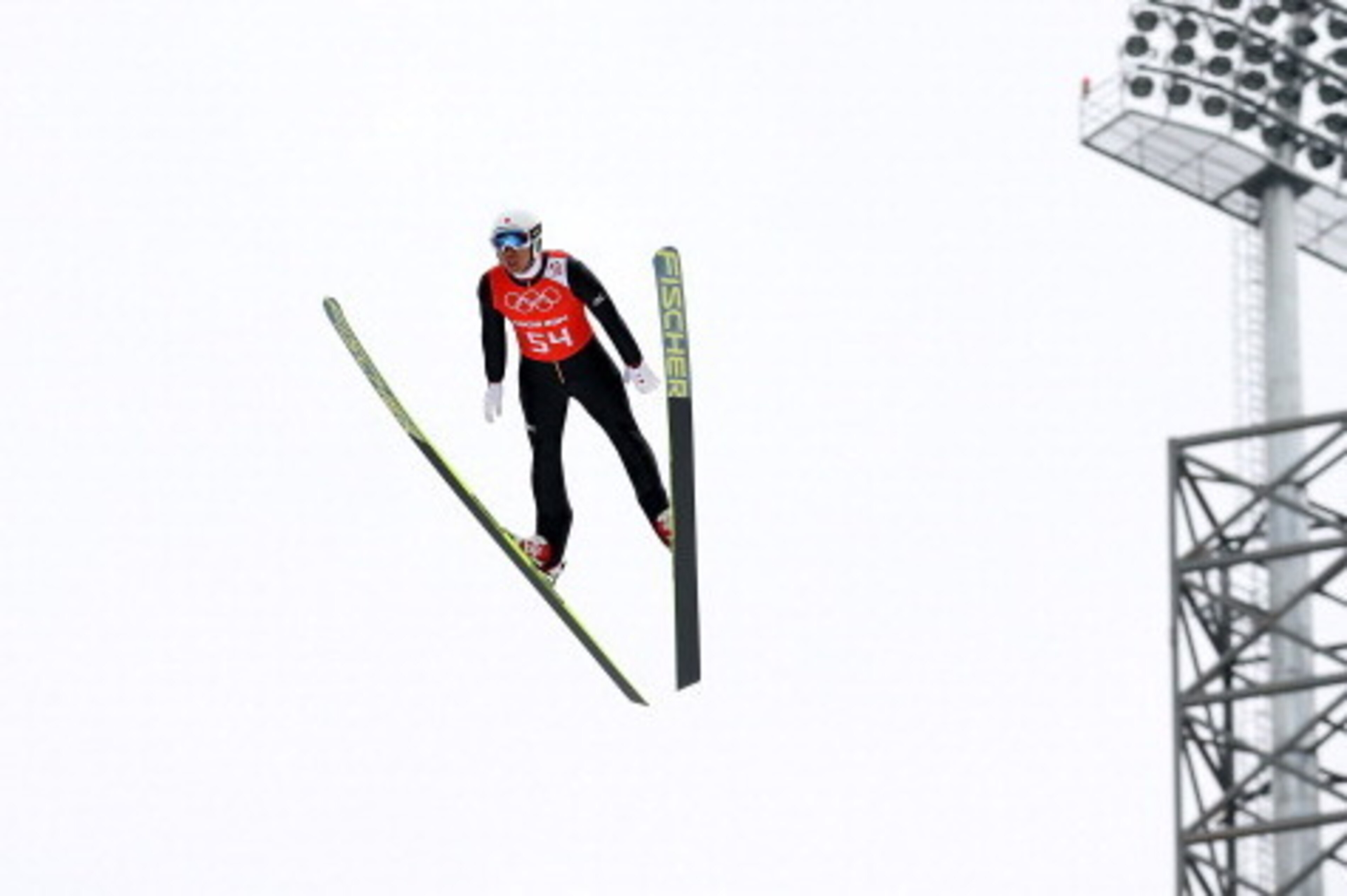SOCHI, RUSSIA - FEBRUARY 17:  Akito Watabe of Japan jumps during the Nordic Combined Individual Large Hill official training on day 10 of the Sochi 2014 Winter Olympics at RusSki Gorki Jumping Center on February 17, 2014 in Sochi, Russia.  (Photo by Rober