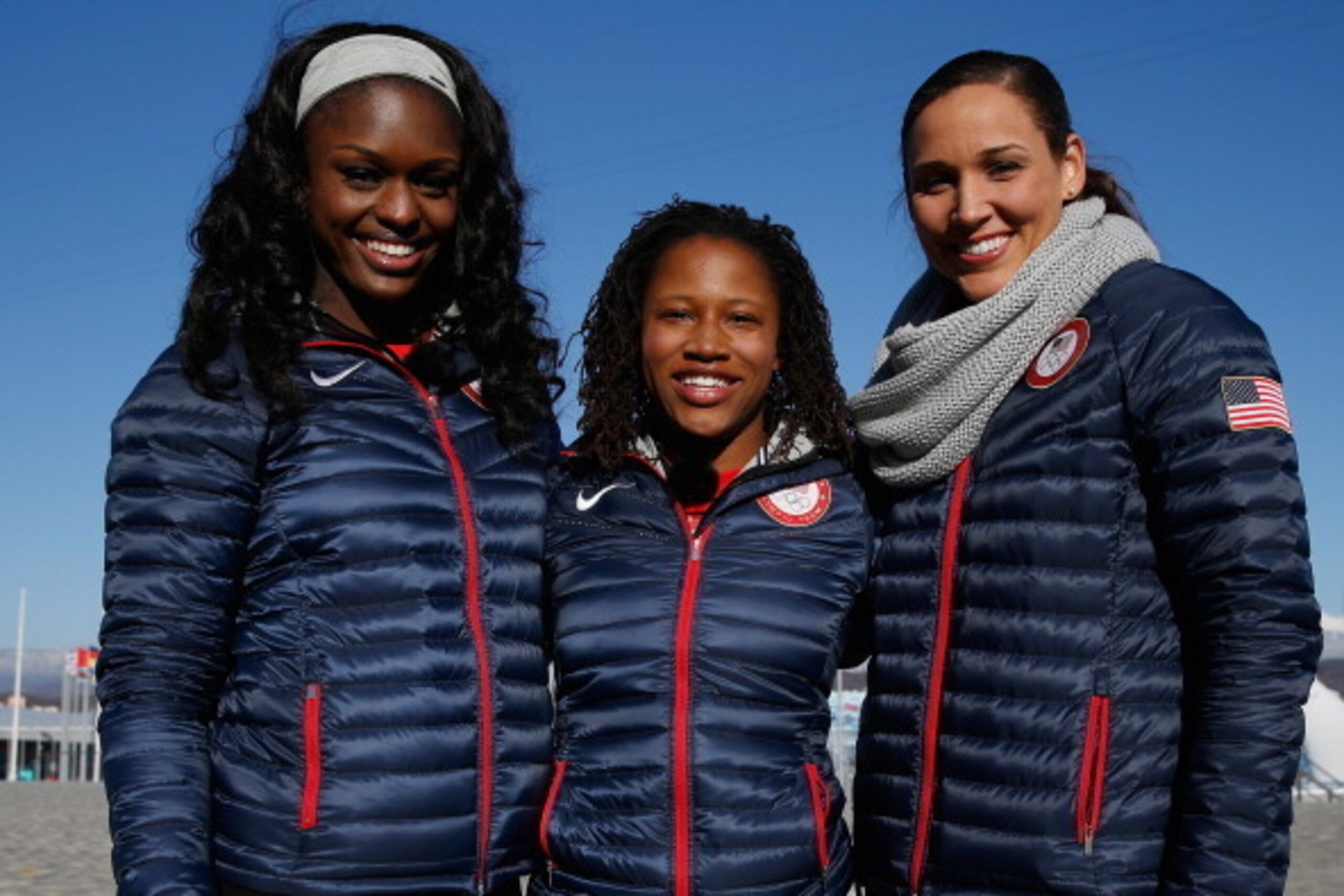SOCHI, RUSSIA - FEBRUARY 03:  (BROADCAST-OUT) (L-R) Bobsledders Aja Evans, Lauryn Williams and Lolo Jones of the United States visit the set of The Today Show ahead of the 2014 Winter Olympics in the Olympic Park on February 3, 2014 in Sochi, Russia.  (Ph