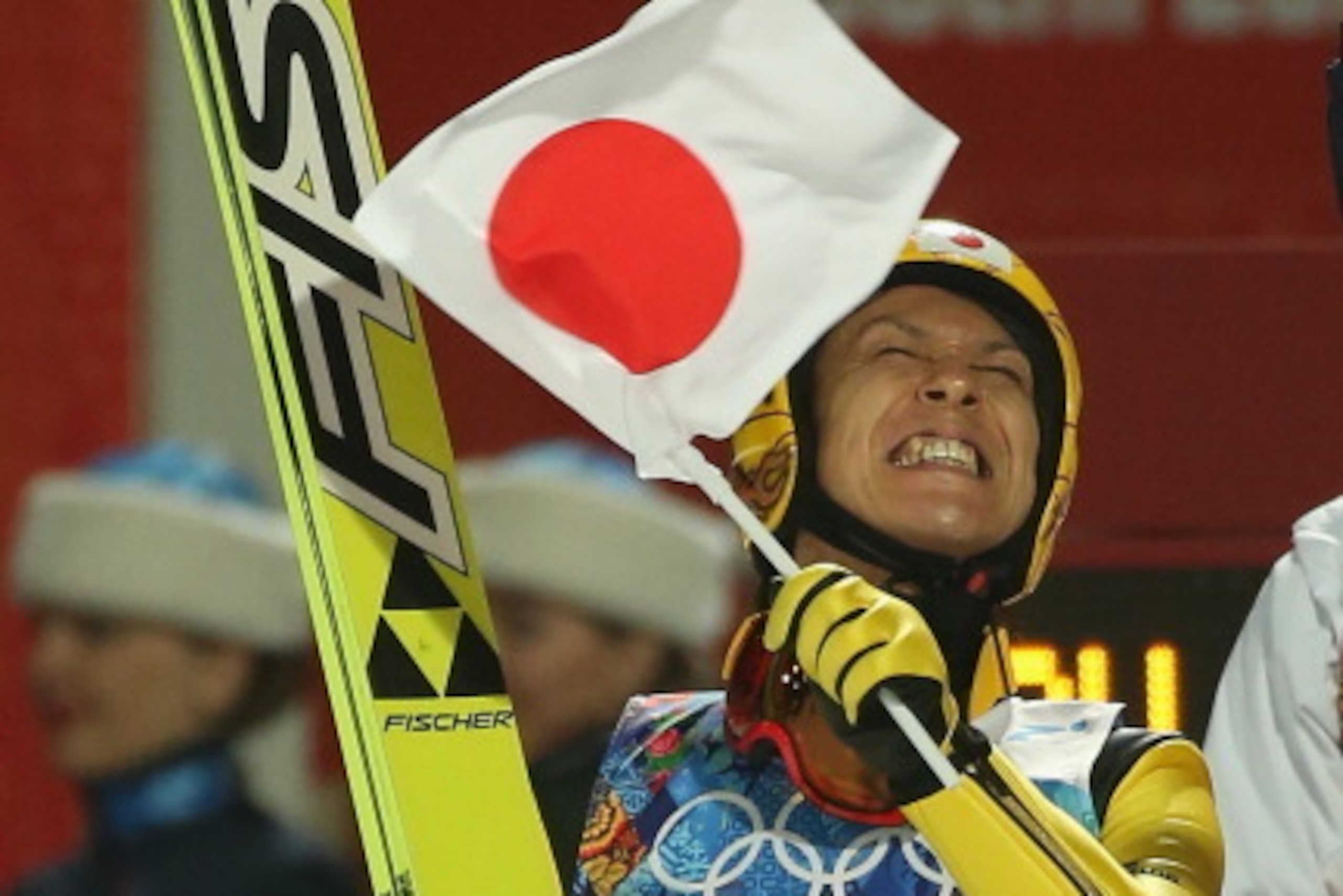 SOCHI, RUSSIA - FEBRUARY 17:  Noriaki Kasai of Japan celebrates after Japan won the bronze medal during the Ski Jumping Men's Team Large Hill final round on day 10 of the Sochi 2014 Winter Olympics at RusSki Gorki Jumping Center on February 17, 2014 in So