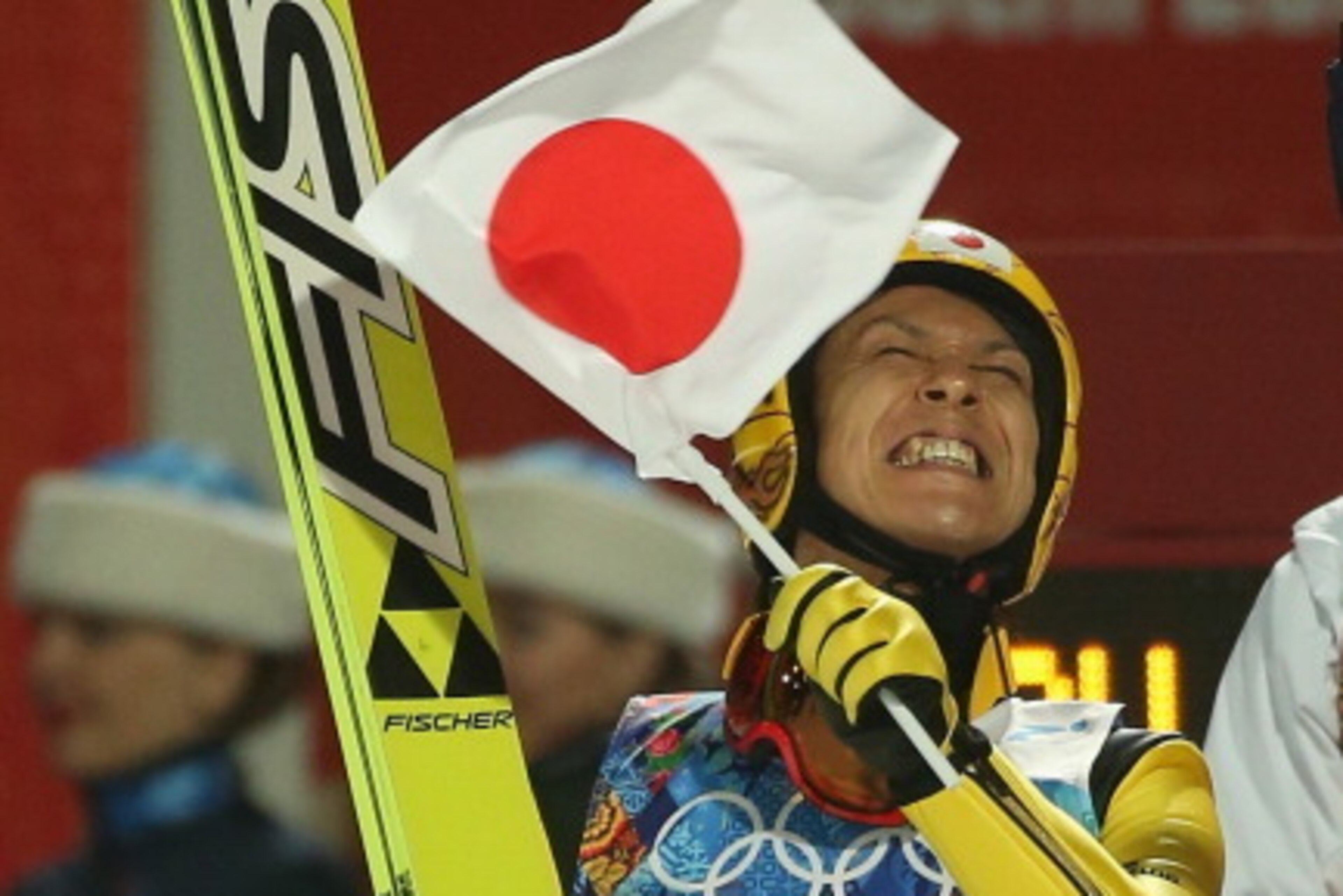 SOCHI, RUSSIA - FEBRUARY 17:  Noriaki Kasai of Japan celebrates after Japan won the bronze medal during the Ski Jumping Men's Team Large Hill final round on day 10 of the Sochi 2014 Winter Olympics at RusSki Gorki Jumping Center on February 17, 2014 in So