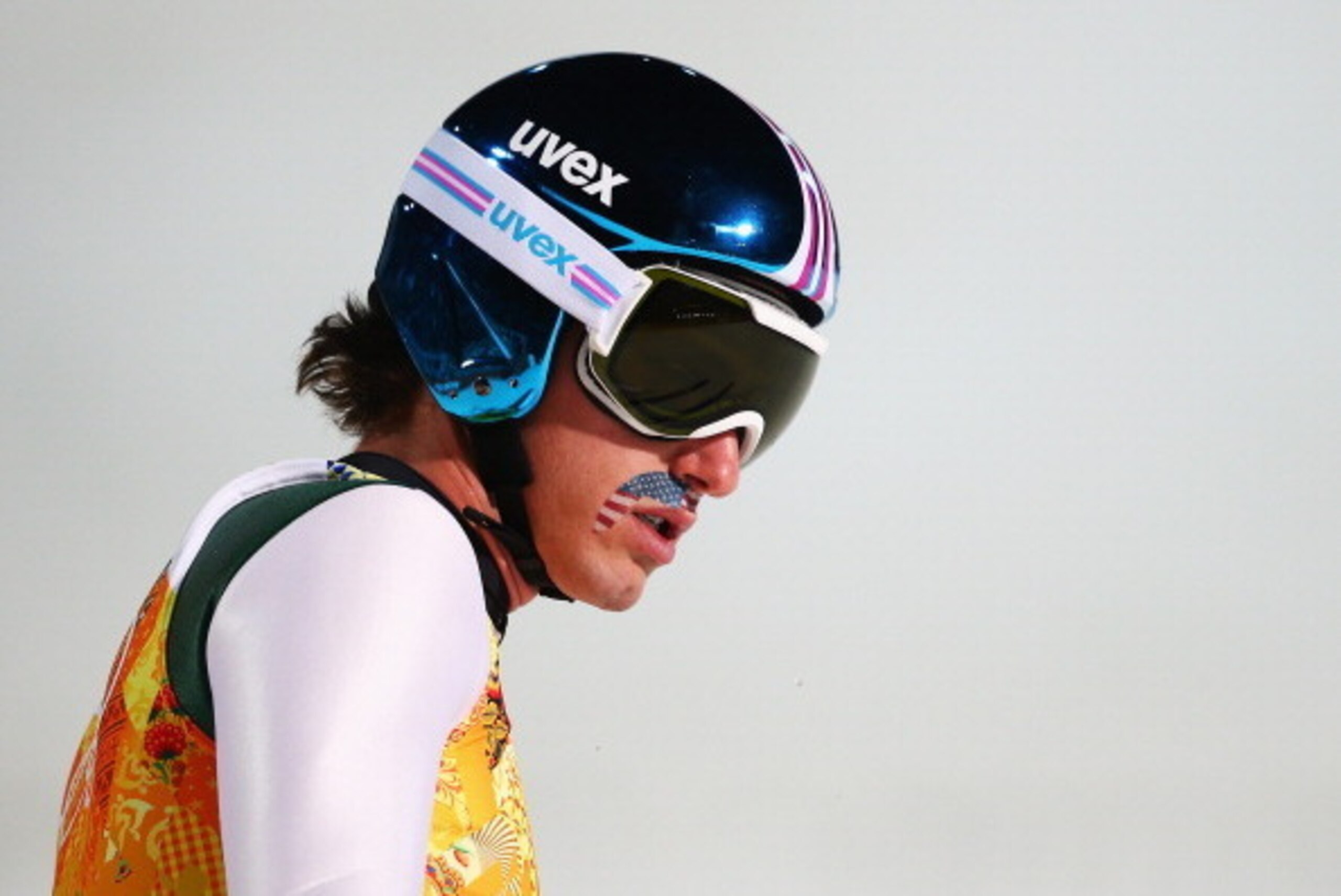 SOCHI, RUSSIA - FEBRUARY 17: Anders Johnson of the United States reacts during the Men's Team Ski Jumping first round on day 10 of the Sochi 2014 Winter Olympics at the RusSki Gorki Ski Jumping Center on February 17, 2014 in Sochi, Russia.  (Photo by Paul