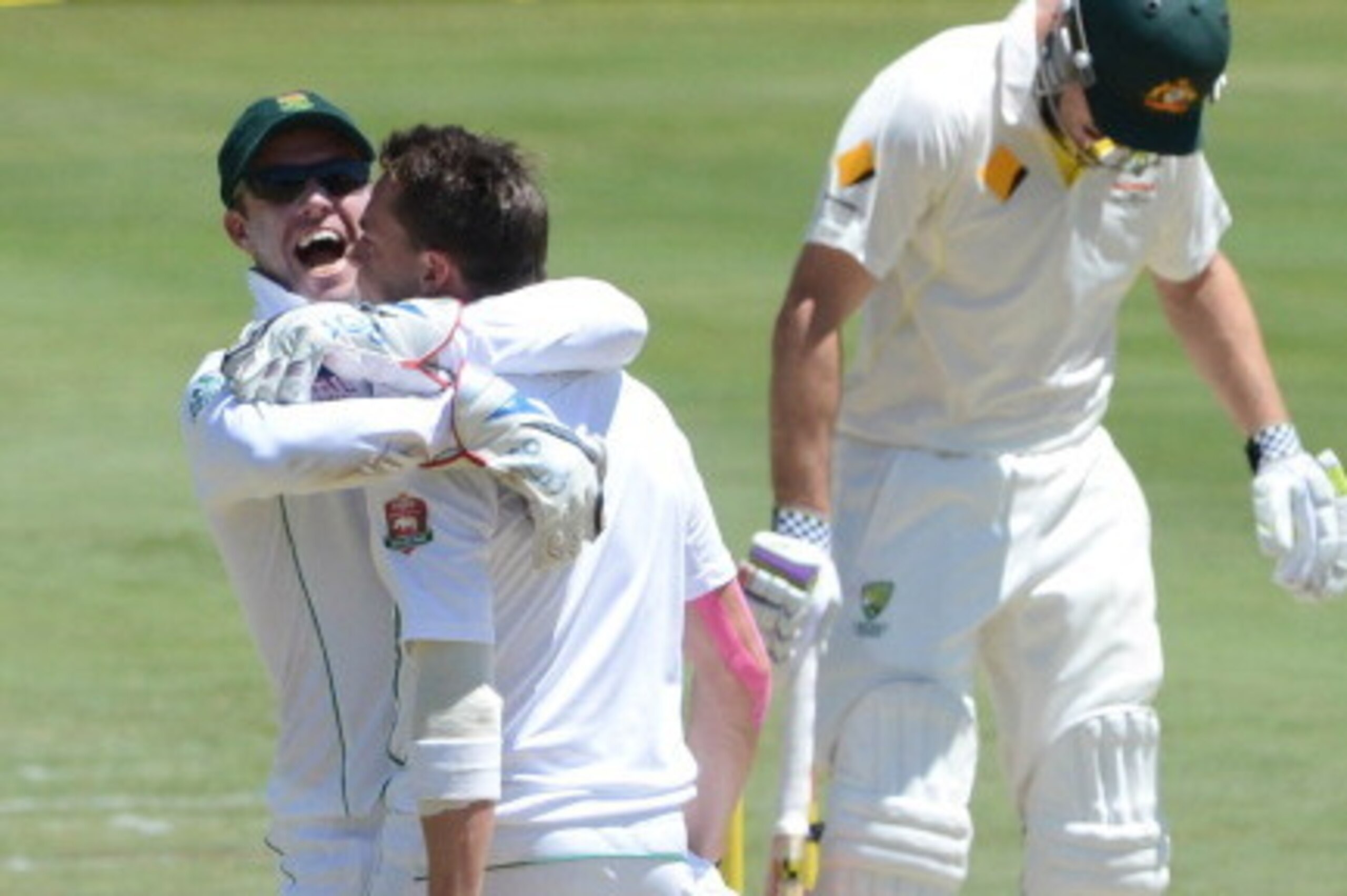 PRETORIA, SOUTH AFRICA - FEBRUARY 12: AB de Villiers and Dale Steyn of South Africa celebrate the wicket of Michael Clarke of Austrailia during day one of the First Test match between South Africa and Australia at SuperSport Park on February 12, 2014 in C PRETORIA, SOUTH AFRICA - FEBRUARY 12: AB de Villiers and Dale Steyn of South Africa celebrate the wicket of Michael Clarke of Austrailia during day one of the First Test match between South Africa and Australia at SuperSport Park on February 12, 2014 in C