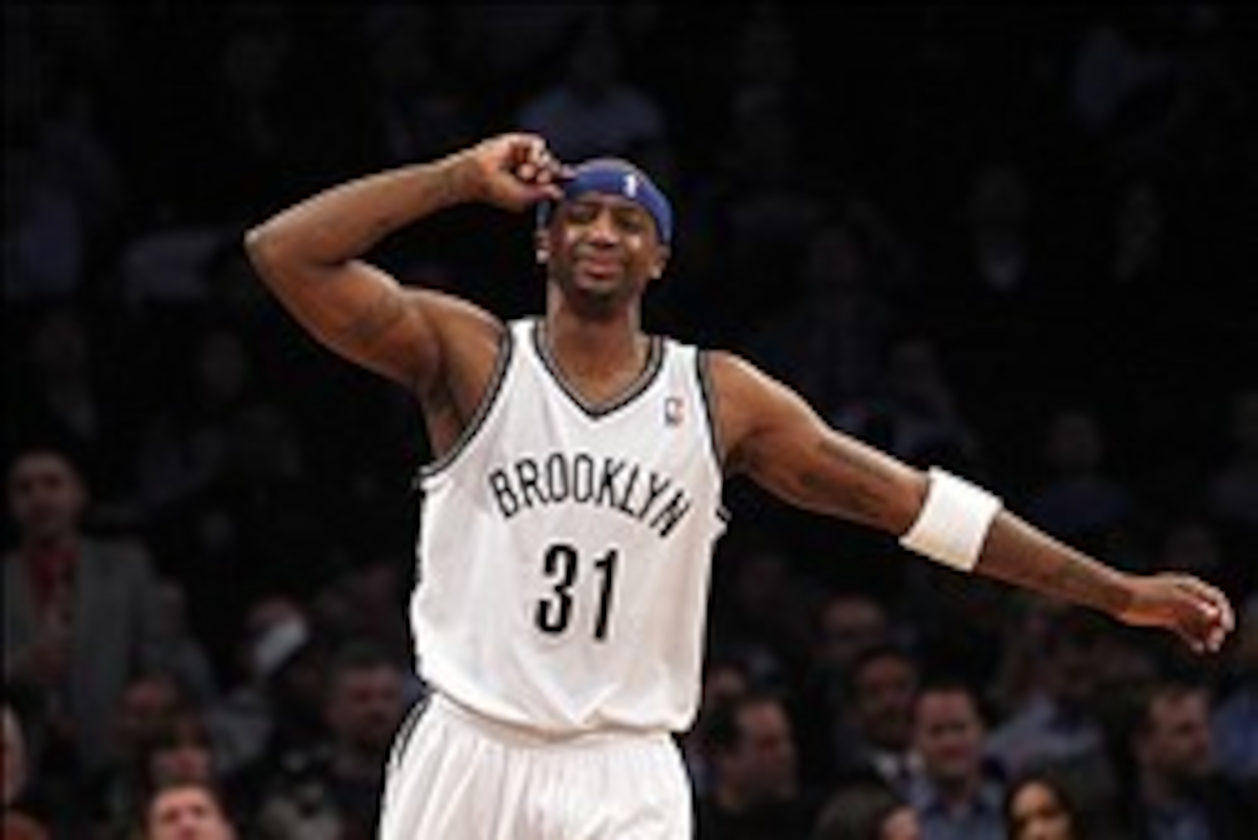 Jan 6, 2014; Brooklyn, NY, USA; Brooklyn Nets shooting guard Jason Terry (31) reacts after missing a three point shot against the Atlanta Hawks during the first quarter of a game at Barclays Center. Mandatory Credit: Brad Penner-USA TODAY Sports