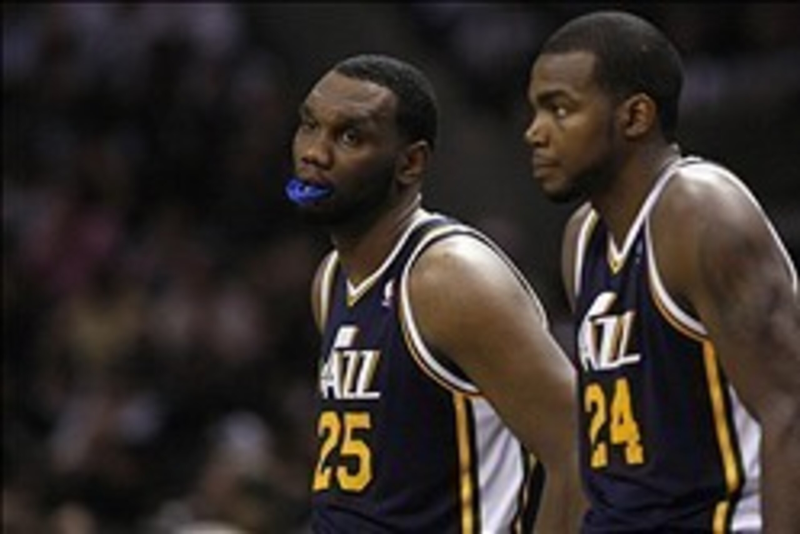 Apr 29, 2012; San Antonio, TX, USA; Utah Jazz center Al Jefferson (25) and Paul Millsap (24) during the second half of game one in the Western Conference quarterfinals of the 2012 NBA Playoffs against the San Antonio Spurs at the AT&T Center.  The Spurs w