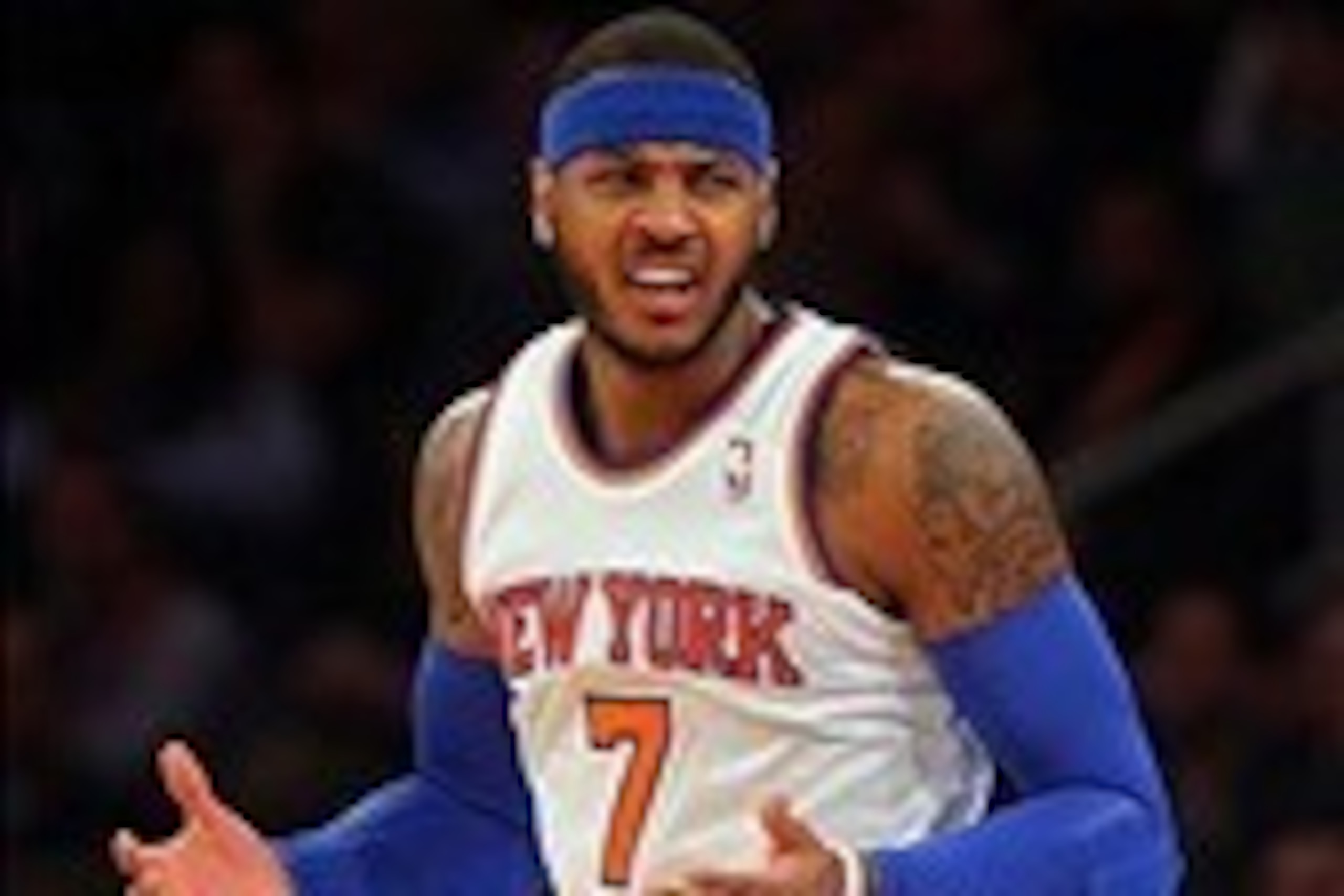 Feb 1, 2014; New York, NY, USA; New York Knicks small forward Carmelo Anthony (7) reacts after not getting a foul call against the Miami Heat during the first period of a game at Madison Square Garden. Mandatory Credit: Brad Penner-USA TODAY Sports