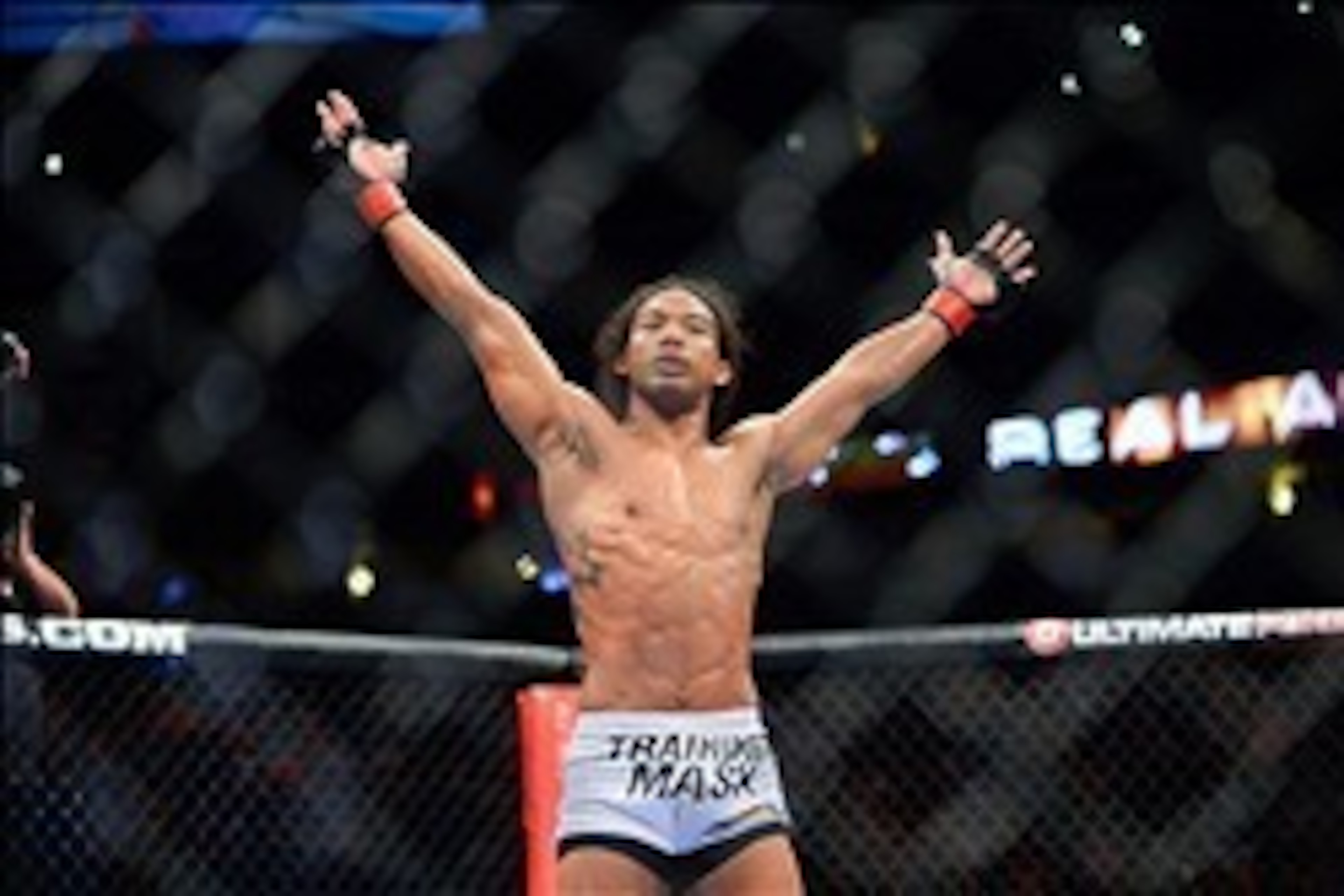 August 11, 2012; Denver, CO, USA; Benson Henderson reacts after defeating Frankie Edgar (not pictured) during UFC 150 at the Pepsi Center. Mandatory Credit: Ron Chenoy-USA TODAY Sports