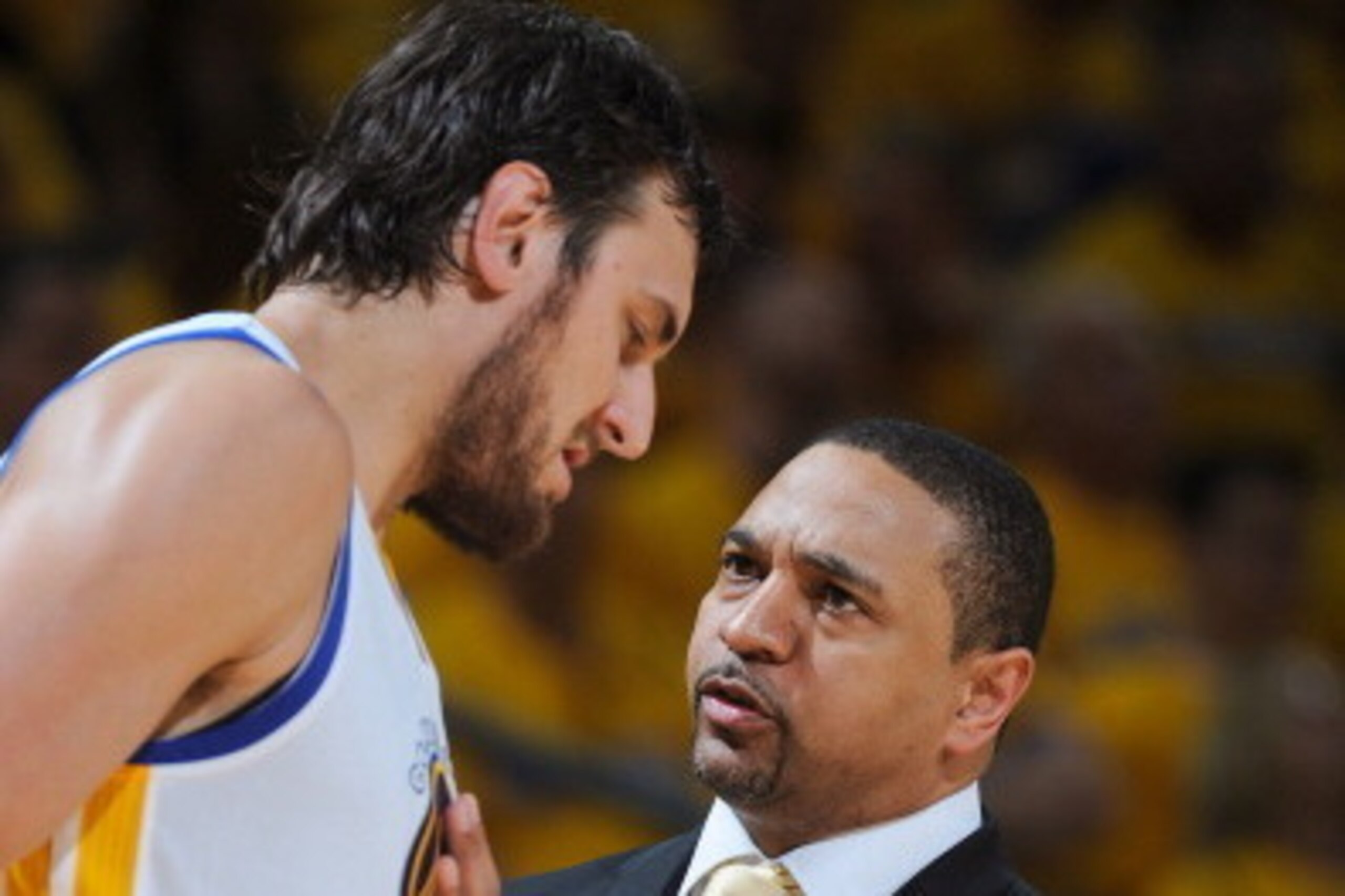 OAKLAND, CA - APRIL 28: Head Coach Mark Jackson of the Golden State Warriors speaks with Andrew Bogut #12 while playing against the Denver Nuggets in Game Four of the Western Conference Quarterfinals during the 2013 NBA Playoffs on April 28, 2013 at the O