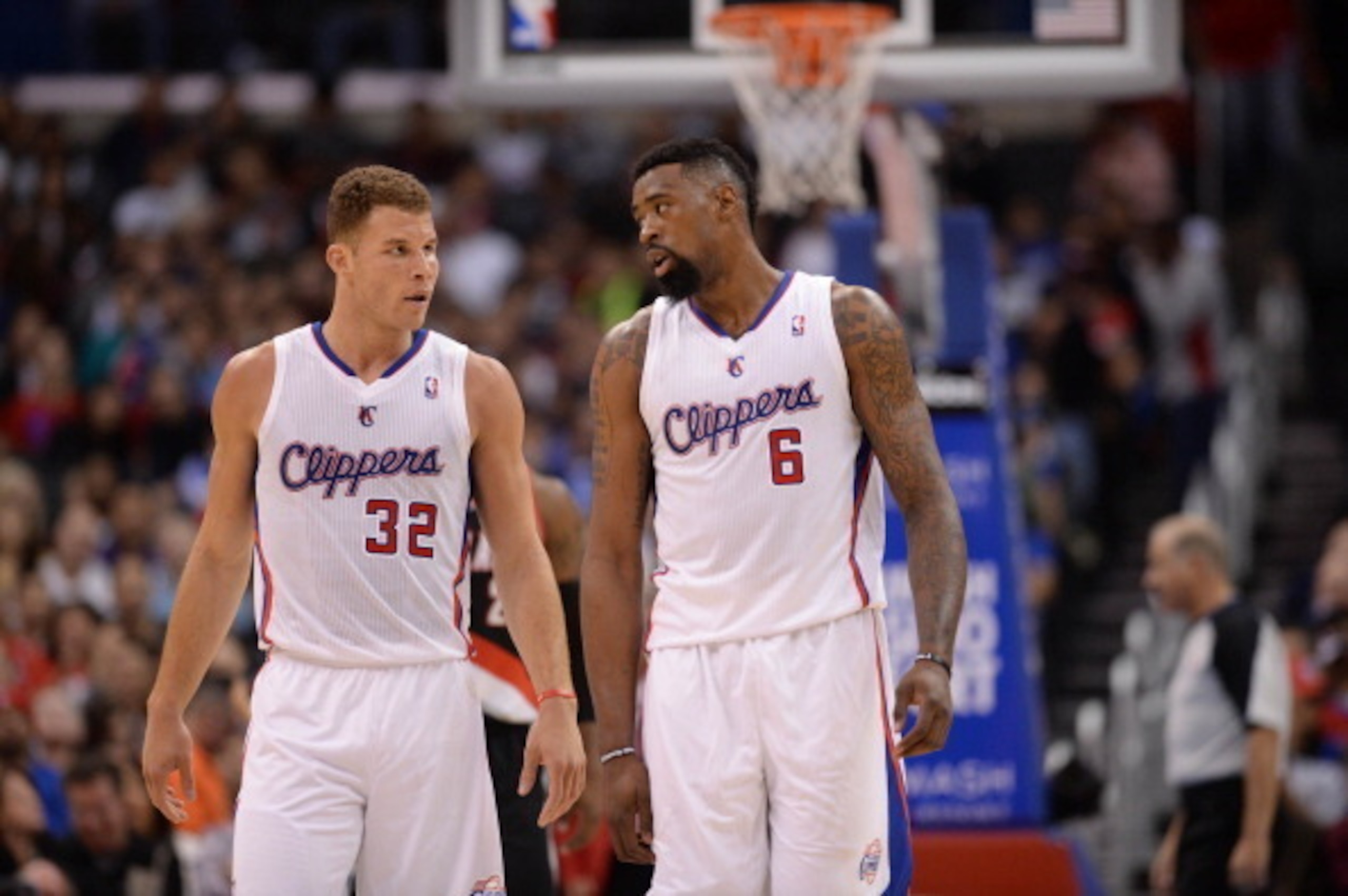 LOS ANGELES, CA - FEBRUARY 12: Blake Griffin #32 and DeAndre Jordan #6 of the Los Angeles Clippers look on during their game against the Portland Trail Blazers at Staples Center on February 12, 2014 in Los Angeles, California. NOTE TO USER: User expressly