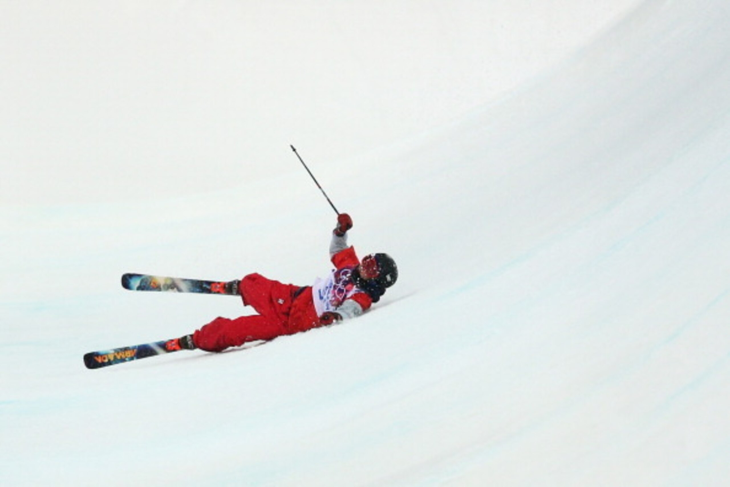 SOCHI, RUSSIA - FEBRUARY 18:  Torin Yater-Wallace of the United States crashes out in the Freestyle Skiing Men's Ski Halfpipe Qualification on day eleven of the 2014 2014 Winter Olympics at Rosa Khutor Extreme Park on February 18, 2014 in Sochi, Russia.  