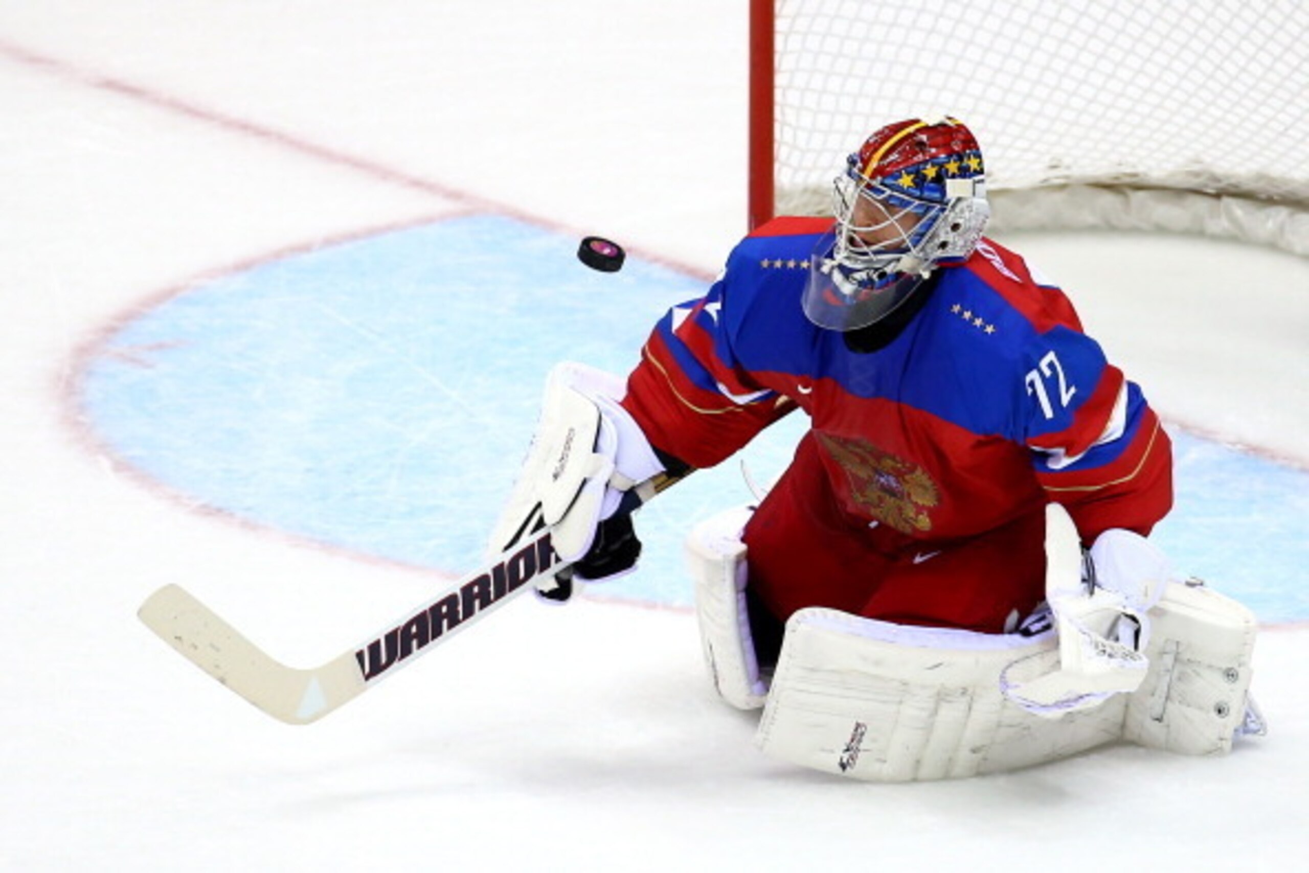 SOCHI, RUSSIA - FEBRUARY 18:  Sergei Bobrovski #72 of Russia tends goal against Norway during the Men's Ice Hockey Qualification Playoff game on day eleven of the Sochi 2014 Winter Olympics at Bolshoy Ice Dome on February 18, 2014 in Sochi, Russia.  (Phot