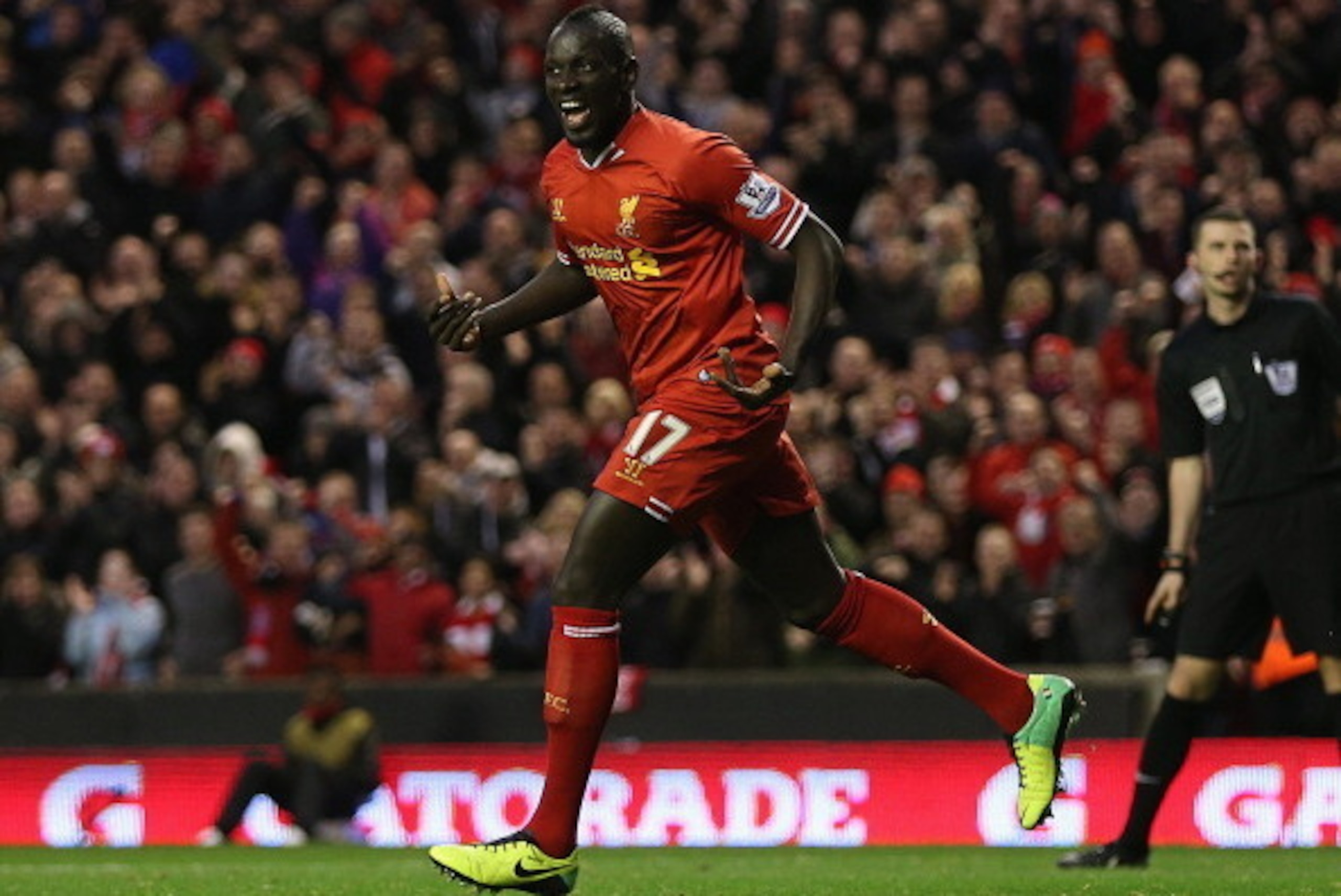 LIVERPOOL, ENGLAND - DECEMBER 07:  Mamadou Sakho of Liverpool celebrates scoring his team's second goal during the Barclays Premier League match between Liverpool and West Ham United at Anfield on December 7, 2013 in Liverpool, England.  (Photo by Clive B