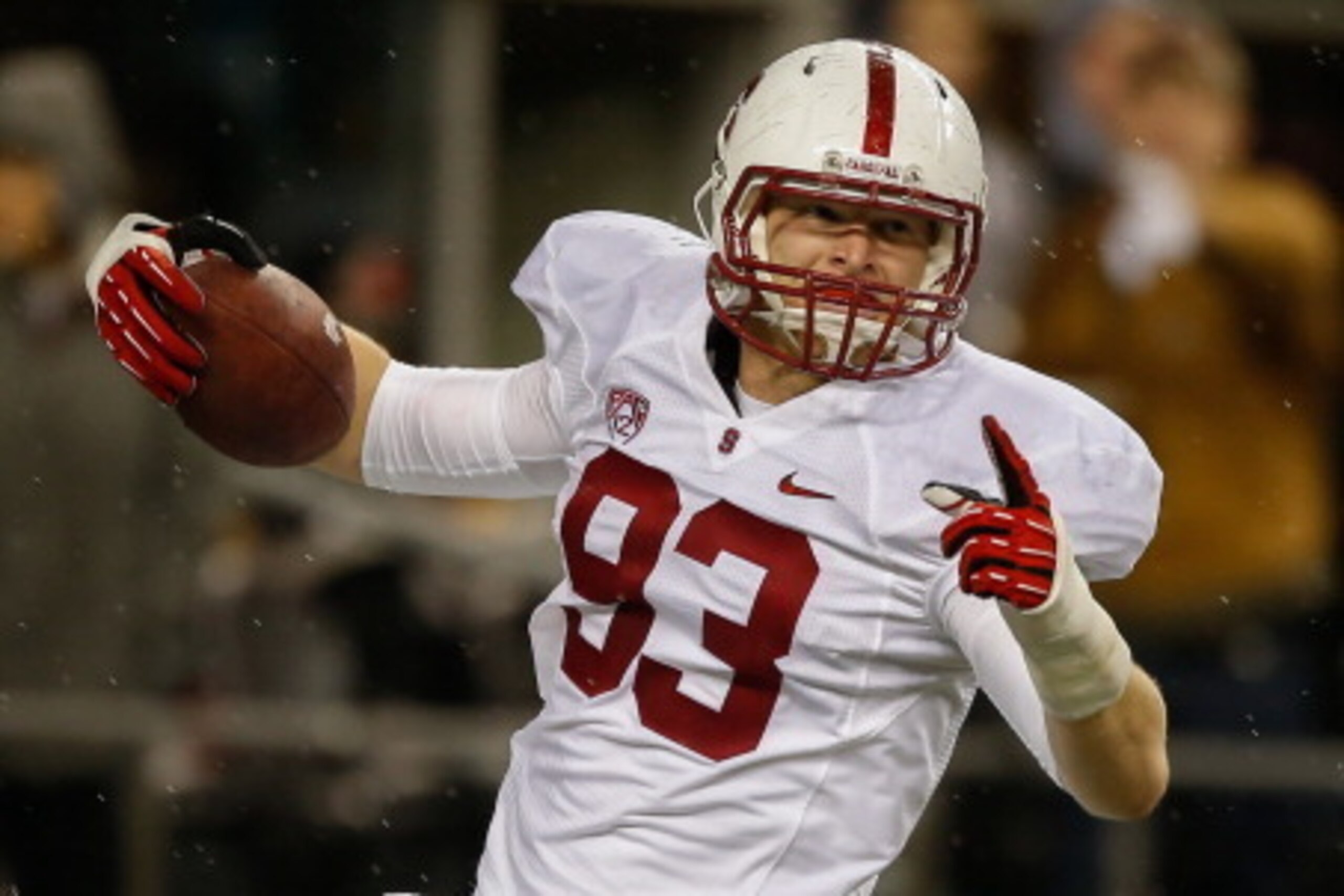 SEATTLE, WA - SEPTEMBER 28:  Linebacker Trent Murphy #93 of the Stanford Cardinal celebrates after returning an interception for a touchdown against the Washington State Cougars on September 28, 2013 at CenturyLink Field in Seattle, Washington. Stanford d