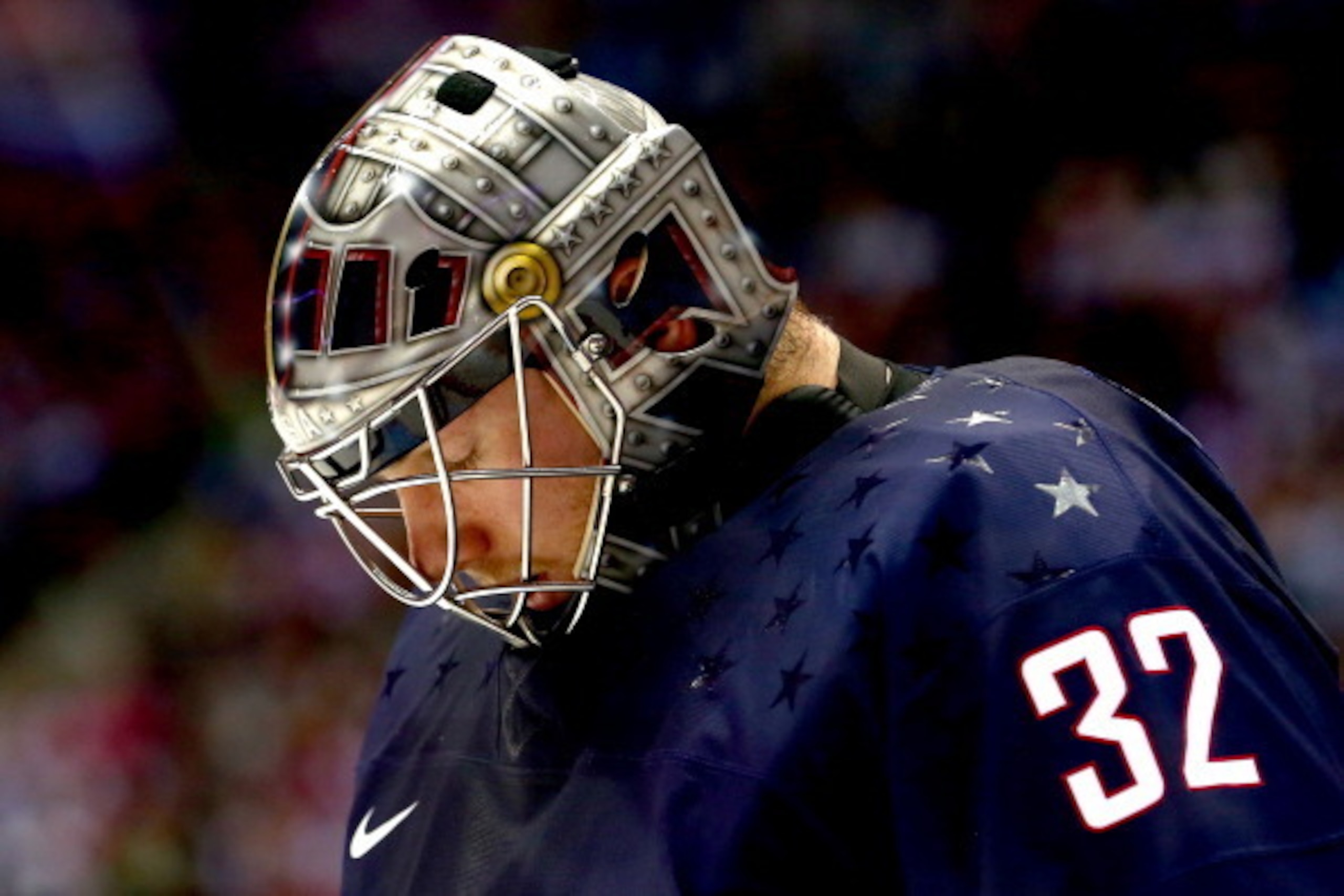 SOCHI, RUSSIA - FEBRUARY 15: Jonathan Quick #32 of United States looks down after a play against Russia in the first period during the Men's Ice Hockey Preliminary Round Group A game on day eight of the Sochi 2014 Winter Olympics at Bolshoy Ice Dome on Fe SOCHI, RUSSIA - FEBRUARY 15: Jonathan Quick #32 of United States looks down after a play against Russia in the first period during the Men's Ice Hockey Preliminary Round Group A game on day eight of the Sochi 2014 Winter Olympics at Bolshoy Ice Dome on Fe