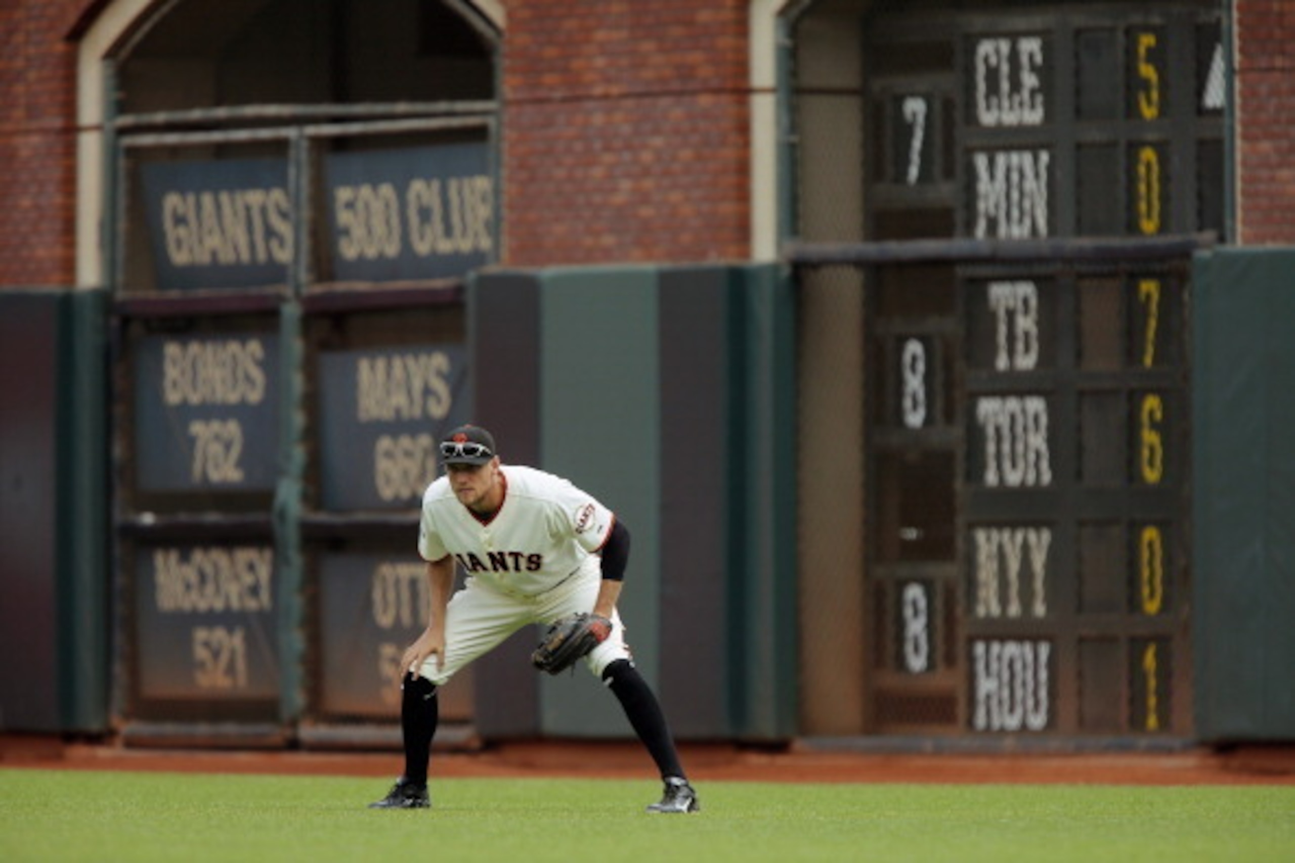 SAN FRANCISCO, CA - SEPTEMBER 29:  Right fielder Hunter Pence #8 of the San Francisco Giants prepares for a pitch and becomes the first Giant in the San Francisco era to start every regular season game on the final day of the season against the San Diego 