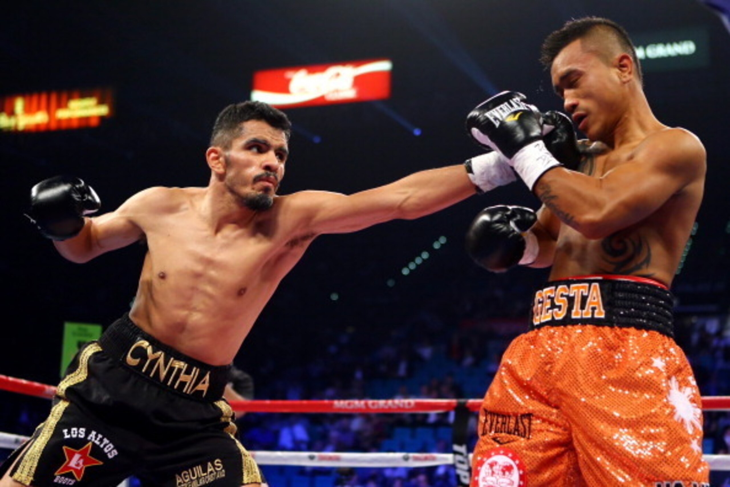 LAS VEGAS, NV - DECEMBER 08:  (L-R) Miguel Angel Vazquez throws a left to the face of Mercito Gesta during their IBF world lightweight title fight at the MGM Grand Garden Arena on December 8, 2012 in Las Vegas, Nevada.  (Photo by Al Bello/Getty Images)
