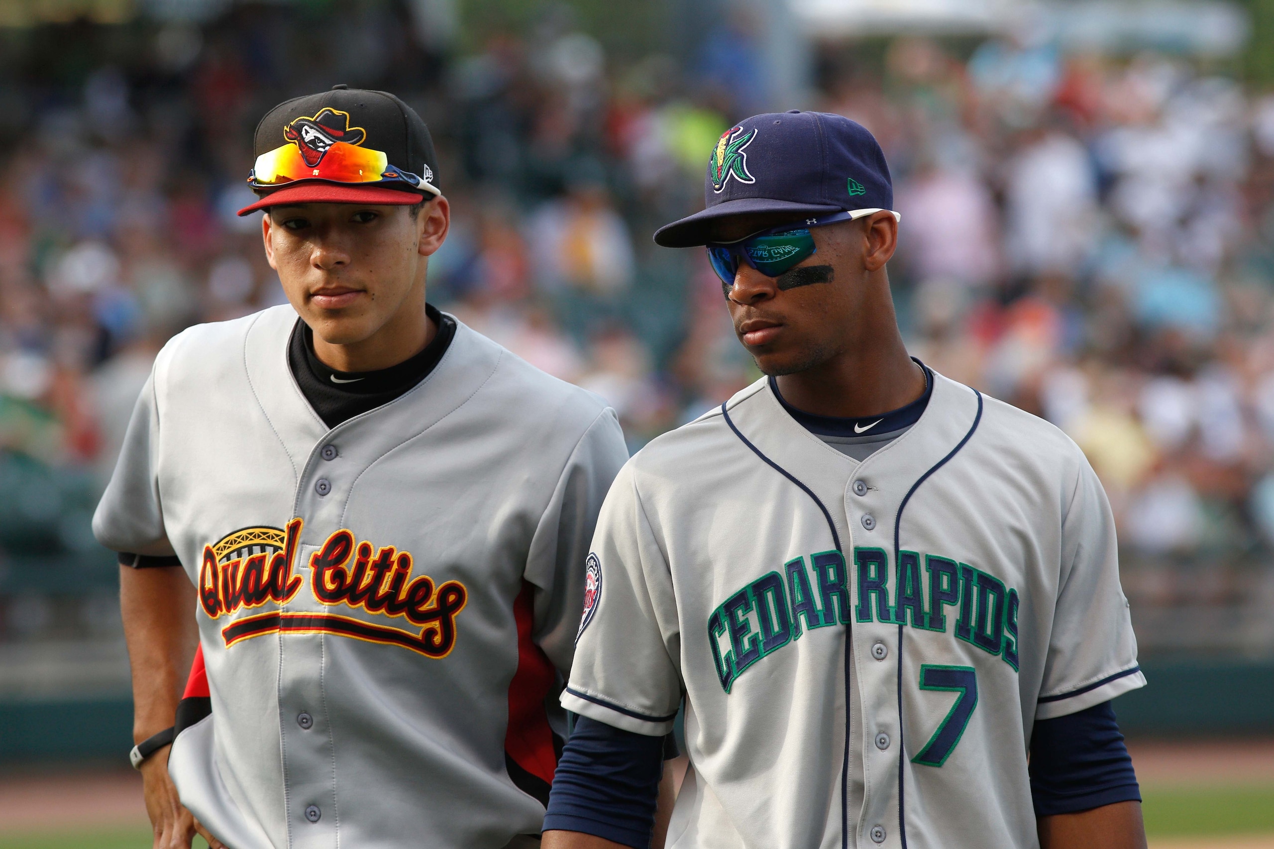 Jun 18, 2013; Dayton, OH, USA; West shortstop Carlos Correa, left, and Byron Buxton, right, during the Midwest League-All Star Game at Fifth Third Field. Mandatory Credit: David Kohl-USA TODAY Sports Jun 18, 2013; Dayton, OH, USA; West shortstop Carlos Correa, left, and Byron Buxton, right, during the Midwest League-All Star Game at Fifth Third Field. Mandatory Credit: David Kohl-USA TODAY Sports