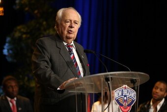 NEW ORLEANS, LA - FEBRUARY 12:  New Orleans Pelicans owners Mr. and Mrs. Tom Benson tip-off the NBA All-Star Weekend with a press event on February 12, 2014 at the Contemporary Arts Center in New Orleans.  The Bensons along with Mark Romig, President & CE