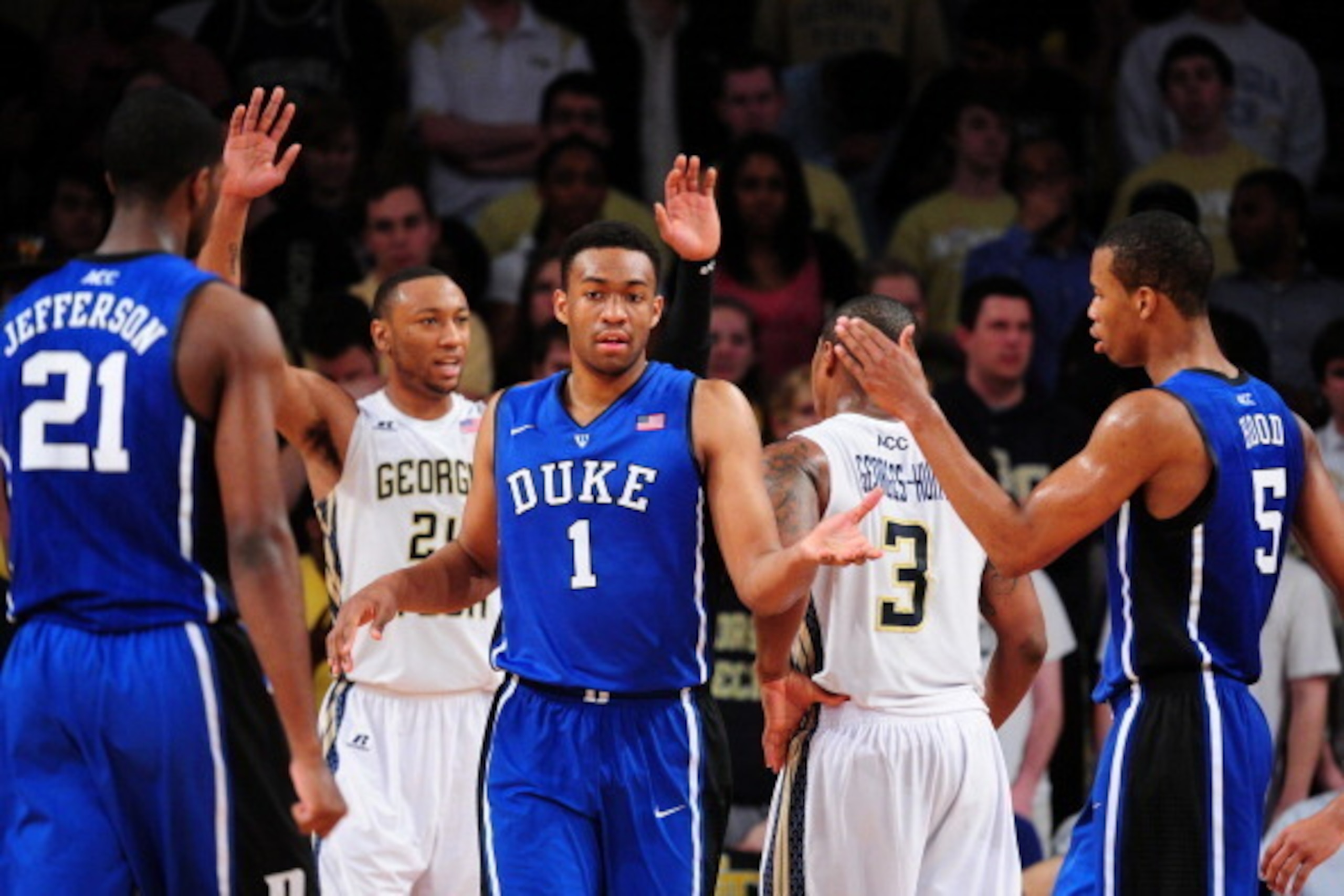 ATLANTA, GA - FEBRUARY 18: Jabari Parker #1 of the Duke Blue Devils is congratulated by Rodney Hood #5 and Amile Jefferson #21 after scoring against the Georgia Tech Yellow Jackets at McCamish Pavilion on February 18, 2014 in Atlanta, Georgia. (Photo by S ATLANTA, GA - FEBRUARY 18: Jabari Parker #1 of the Duke Blue Devils is congratulated by Rodney Hood #5 and Amile Jefferson #21 after scoring against the Georgia Tech Yellow Jackets at McCamish Pavilion on February 18, 2014 in Atlanta, Georgia. (Photo by S