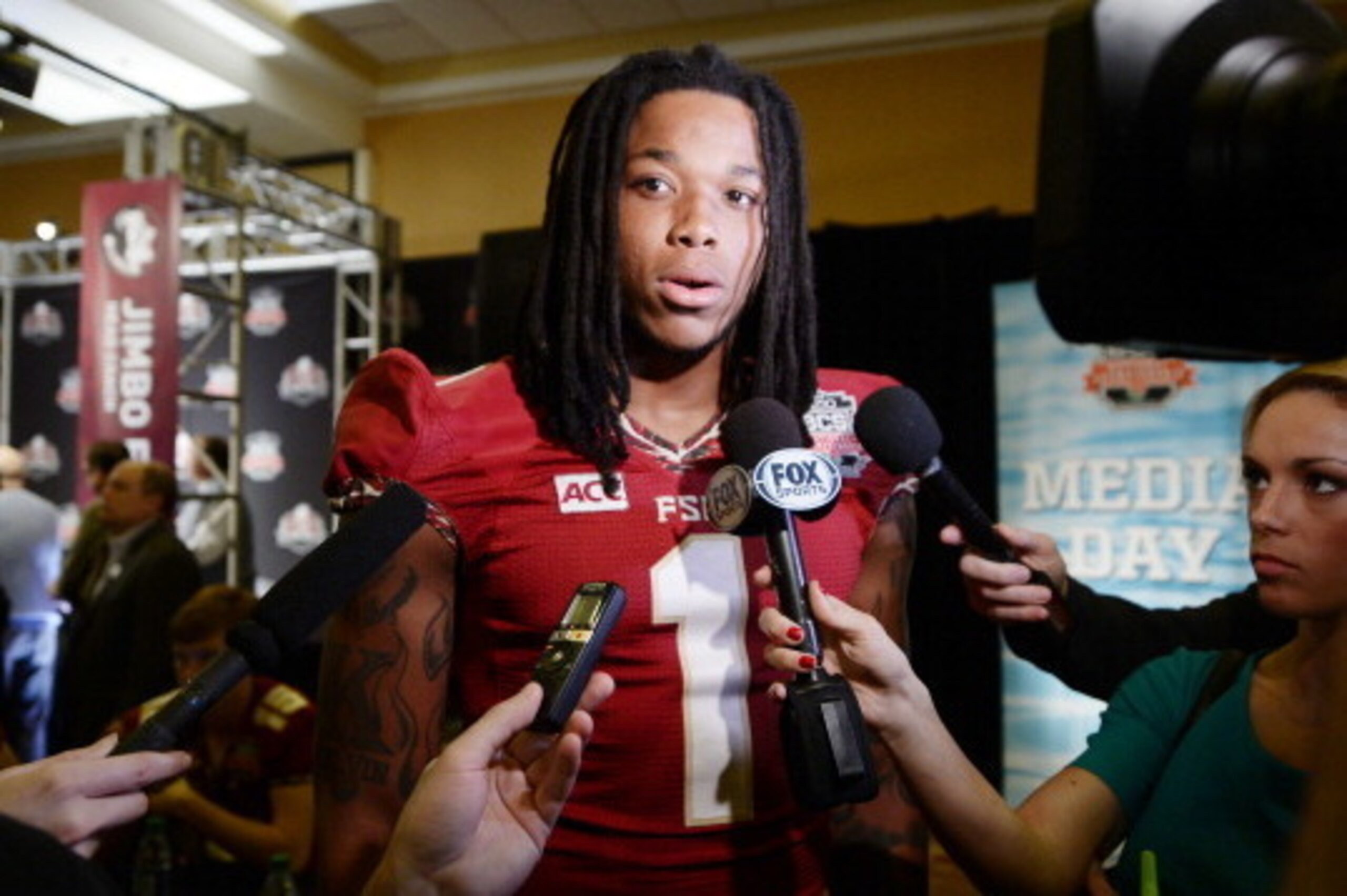 NEWPORT BEACH, CA - JANUARY 4:  Wide receiver Kelvin Benjamin of the Florida State Seminoles speaks during a Vizio BCS National Championship media day news conference January 4, 2014 in Newport Beach, California.  (Photo by Kevork Djansezian/Getty Images)