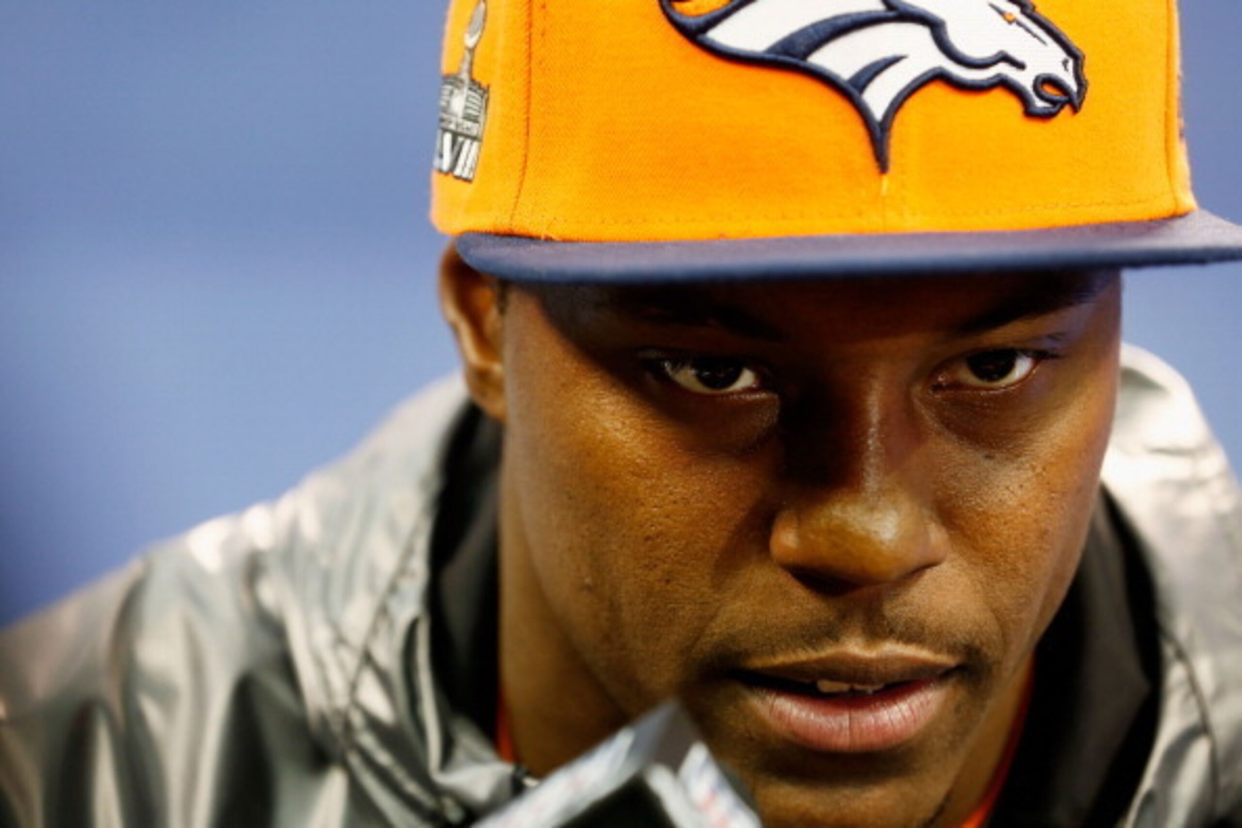 NEWARK, NJ - JANUARY 28:  Running back Knowshon Moreno #27 of the Denver Broncos talks with the media during Super Bowl XLVIII Media Day at the Prudential Center on January 28, 2014 in Newark, New Jersey.  Super Bowl XLVIII will be played between the Seat