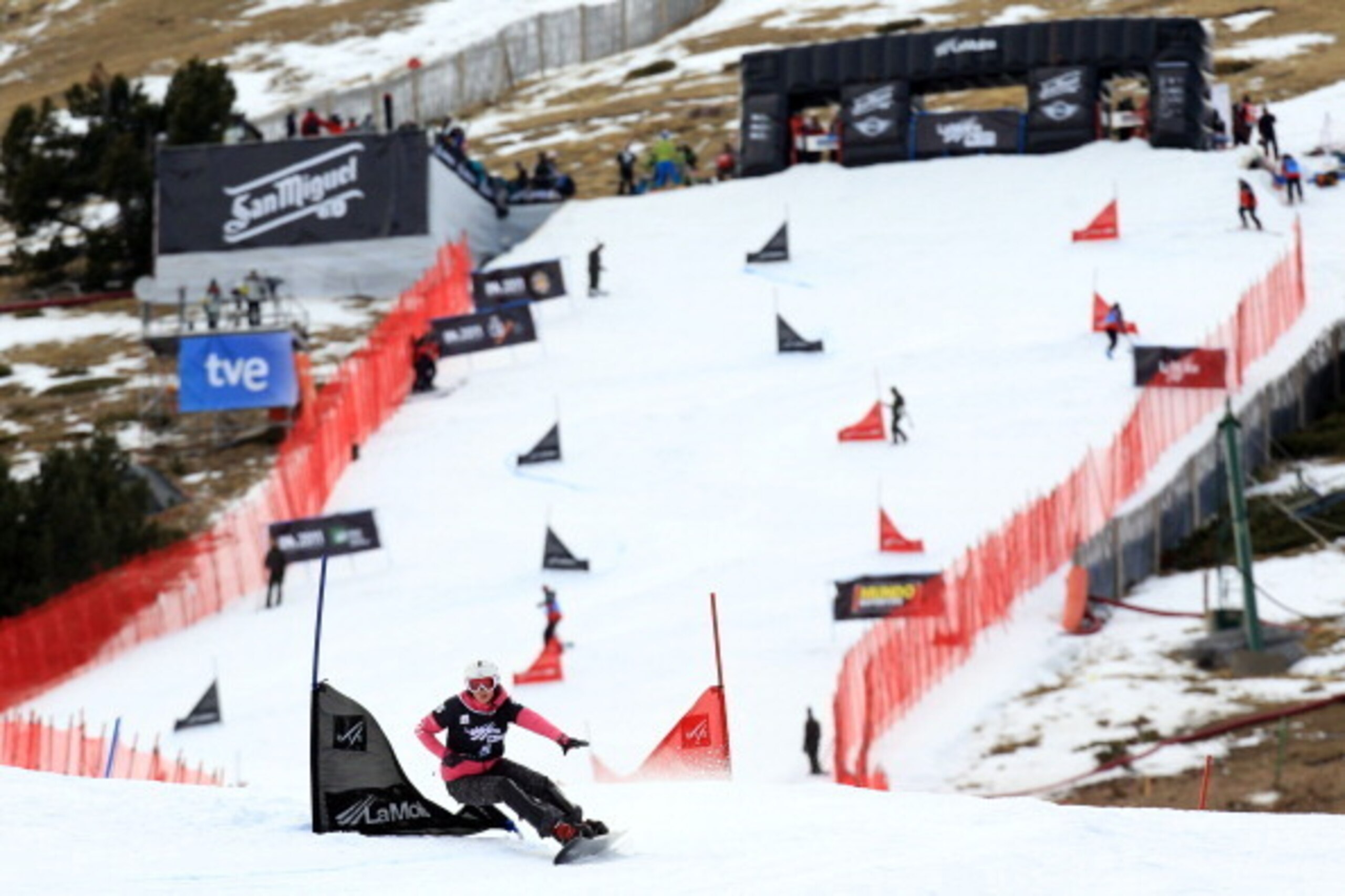 LA MOLINA, SPAIN - JANUARY 19: (FRANCE OUT) Alena Zavarzina of Russia takes 1st place during the FIS Snowboard World Championships Men's and Women's Parallel Giant Slalom on January 19, 2011 in La Molina, Spain.  (Photo by Christophe Pallot/Agence Zoom/Ge