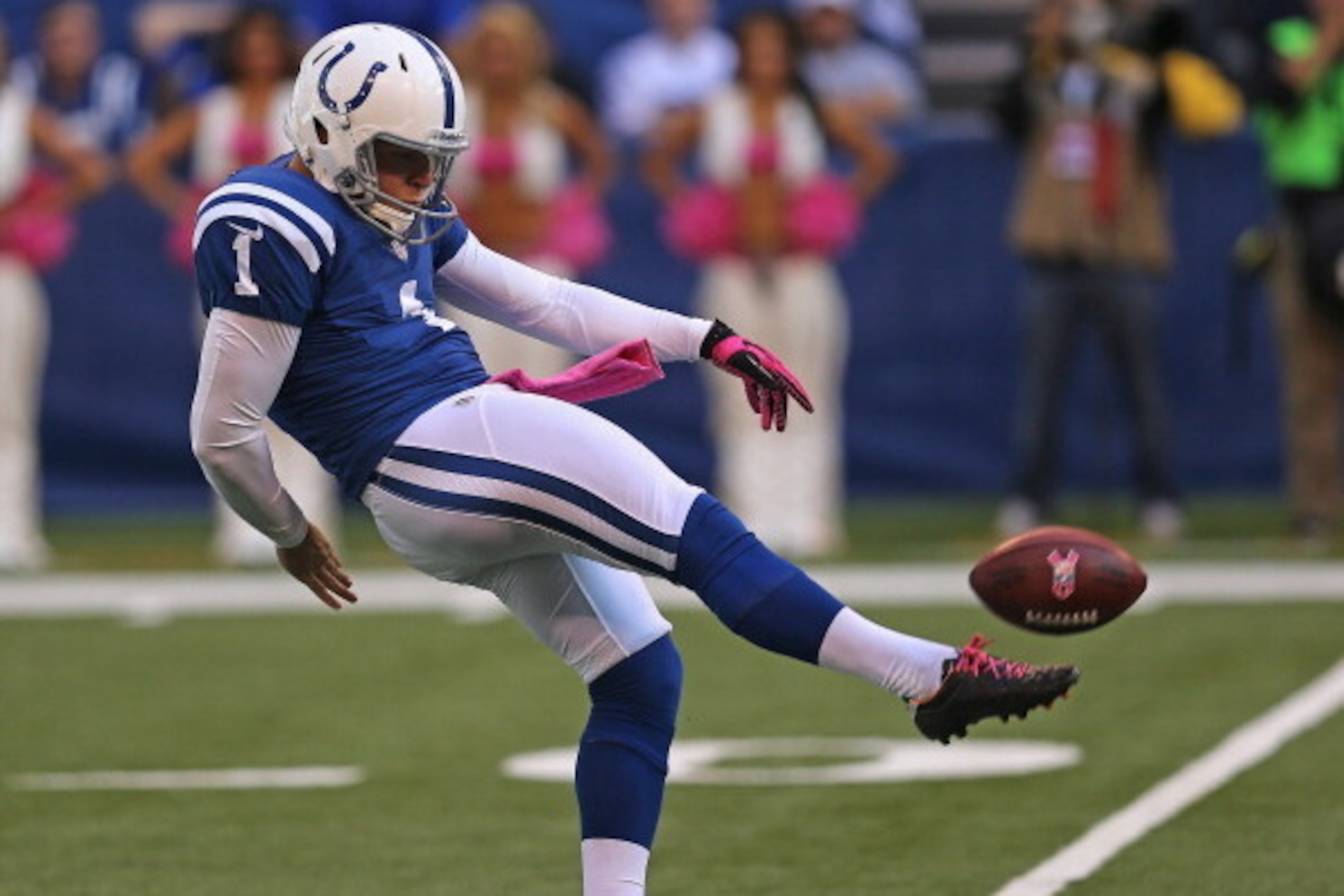 INDIANAPOLIS, IN - OCTOBER 21:  Pat McAfee #1 of the Indianapolis Colts punts against the Cleveland Browns at Lucas Oil Stadium on October 21, 2012 in Indianapolis, Indiana. The Colts defeated the Browns 17-13.  (Photo by Jonathan Daniel/Getty Images)