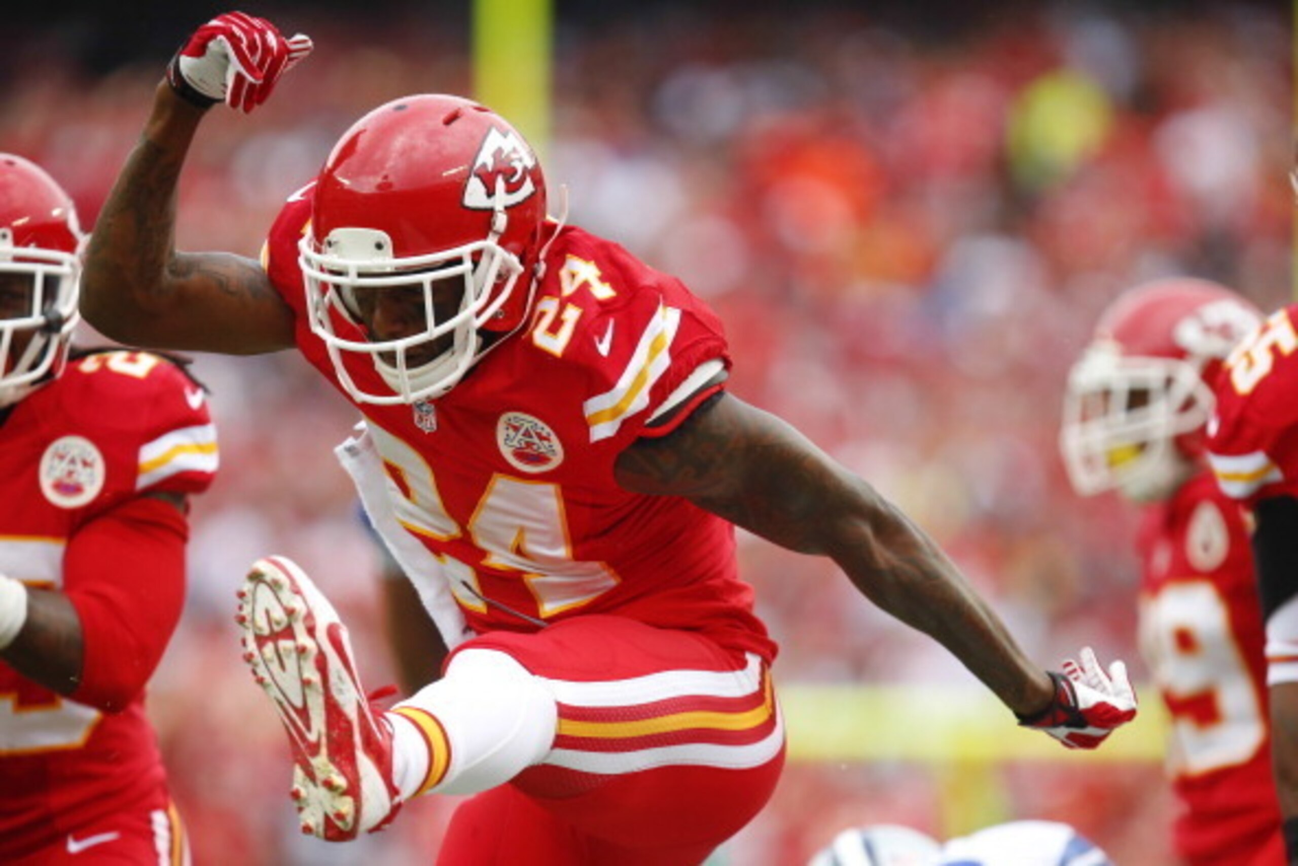 KANSAS CITY, MO - SEPTEMBER 15:  Brandon Flowers #24 of the Kansas City Chiefs celebrates after a third down stop against the Dallas Cowboys in the first quarter September 15, 2013 at Arrowhead Stadium in Kansas City, Missouri. (Photo by Kyle Rivas/Getty 