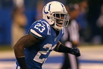 INDIANAPOLIS, IN - DECEMBER 30:  Vontae Davis #23 of the Indianapolis Colts celebrates his second interception of the game against the Houston Texans at Lucas Oil Stadium on December 30, 2012 in Indianapolis, Indiana. The Colts defeated the Texans 28-16. 