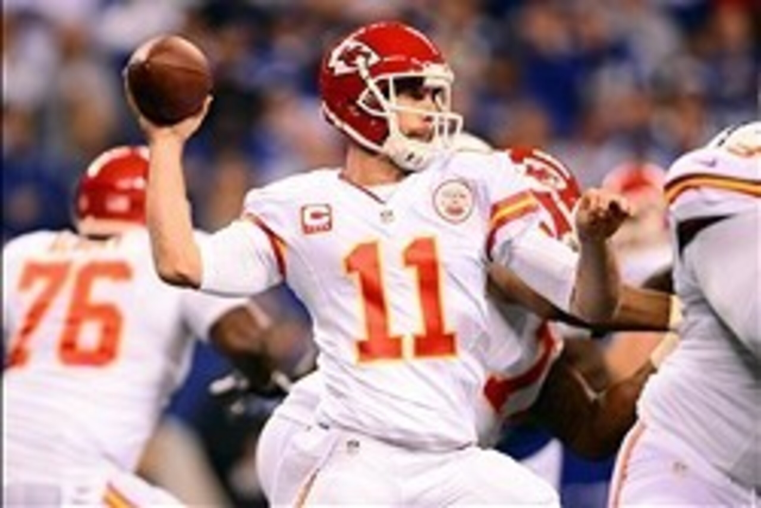 Jan 4, 2014; Indianapolis, IN, USA; Kansas City Chiefs quarterback Alex Smith (11)t throws a pass during the first quarter of the 2013 AFC wild card playoff football game against the Indianapolis Colts at Lucas Oil Stadium. Mandatory Credit: Andrew Weber-