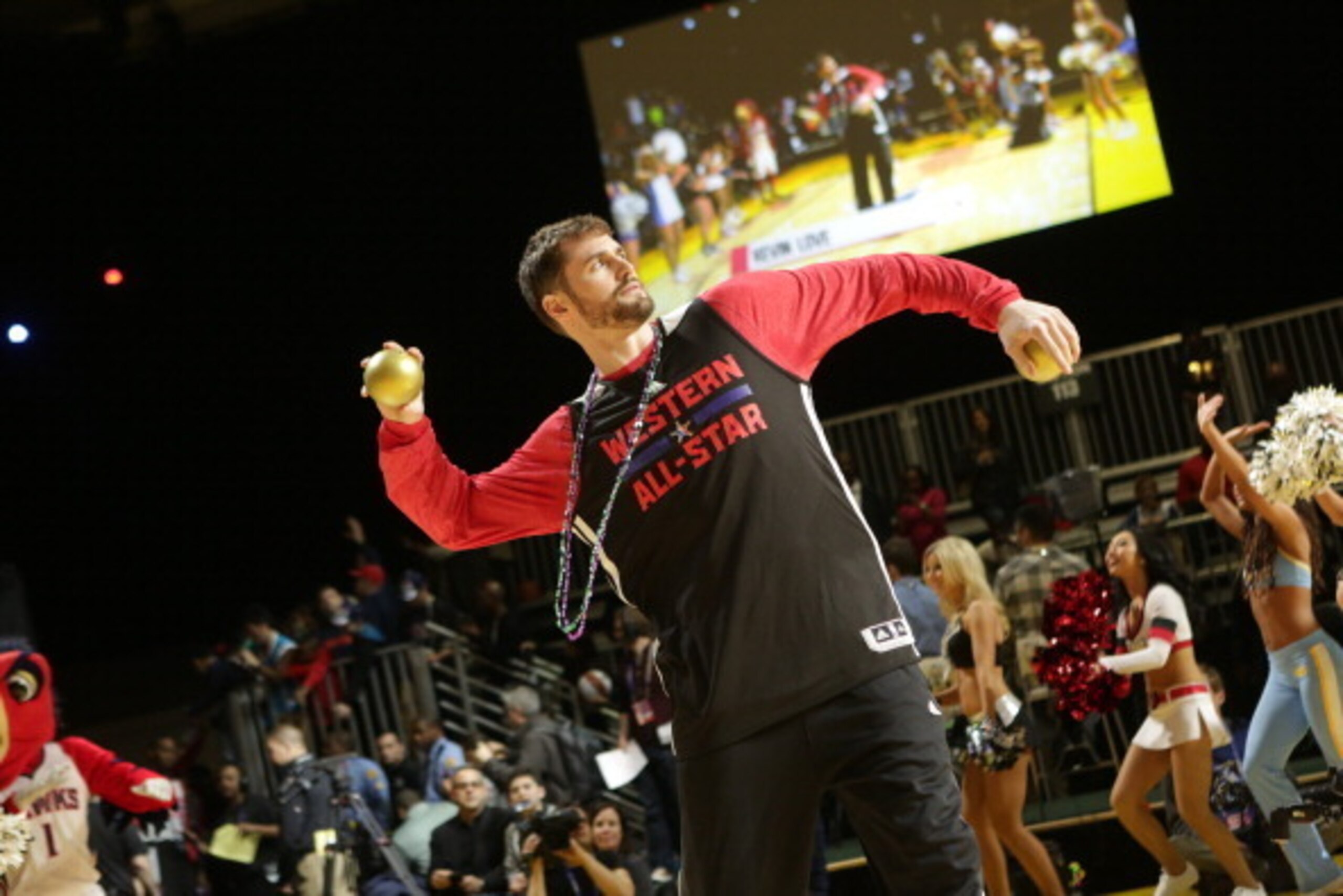 NEW ORLEANS, LA - FEBRUARY 15: Kevin Love of the Western Conference All-Stars throws balls into the stands during NBA All-Star Practice at Sprint Arena as part of 2014 NBA All-Star Weekend at the Ernest N. Morial Convention Center on February 15, 2014 in 