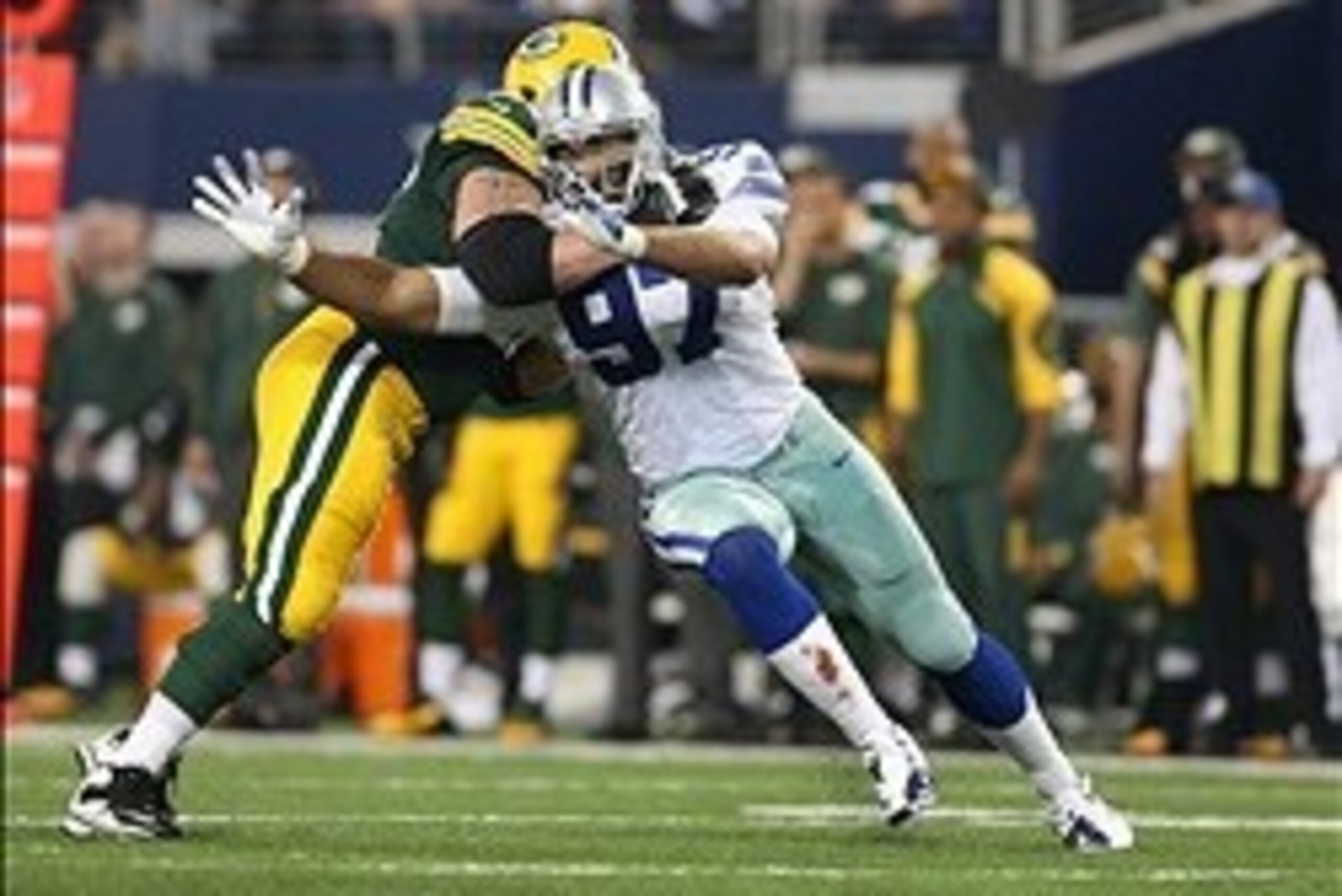 Dec 15, 2013; Arlington, TX, USA; Dallas Cowboys defensive tackle Jason Hatcher (97) in action against the Green Bay Packers at AT&T Stadium. Mandatory Credit: Matthew Emmons-USA TODAY Sports