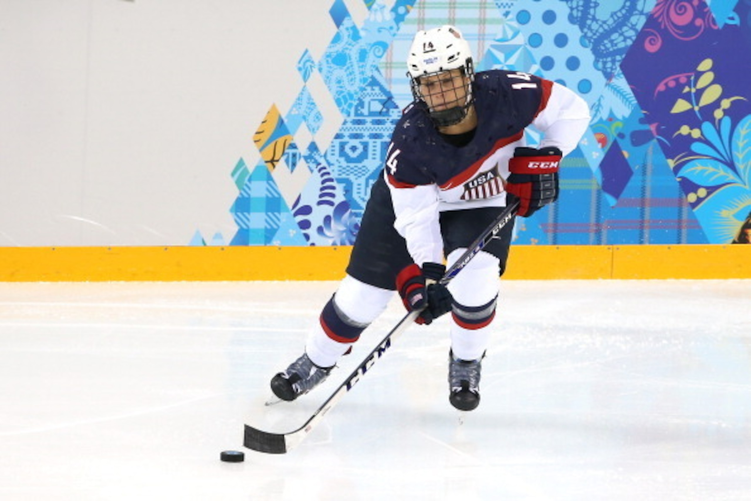 SOCHI, RUSSIA - FEBRUARY 12: Brianna Decker #14 of the United States handles the puck against Canada during the Women's Ice Hockey Preliminary Round Group A game on day five of the Sochi 2014 Winter Olympics at Shayba Arena on February 12, 2014 in Sochi, 