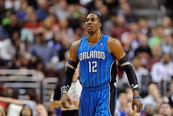Apr 07, 2012; Philadelphia, PA, USA; Orlando Magic center Dwight Howard (12) during the fourth quarter against the Philadelphia 76ers at the Wells Fargo Center. The Magic defeated the Sixers 88-82. Mandatory Credit: Howard Smith-USA TODAY Sports
