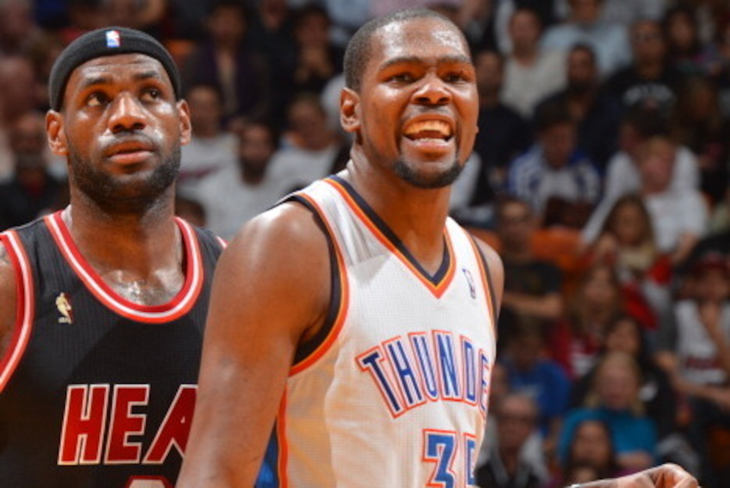 MIAMI, FL - JANUARY 29: Kevin Durant #35 of the Oklahoma City Thunder calls to his teammates against LeBron James #6 of the Miami Heat at the American Airlines Arena in Miami, Florida on Jan. 29, 2014. NOTE TO USER: User expressly acknowledges and agrees 