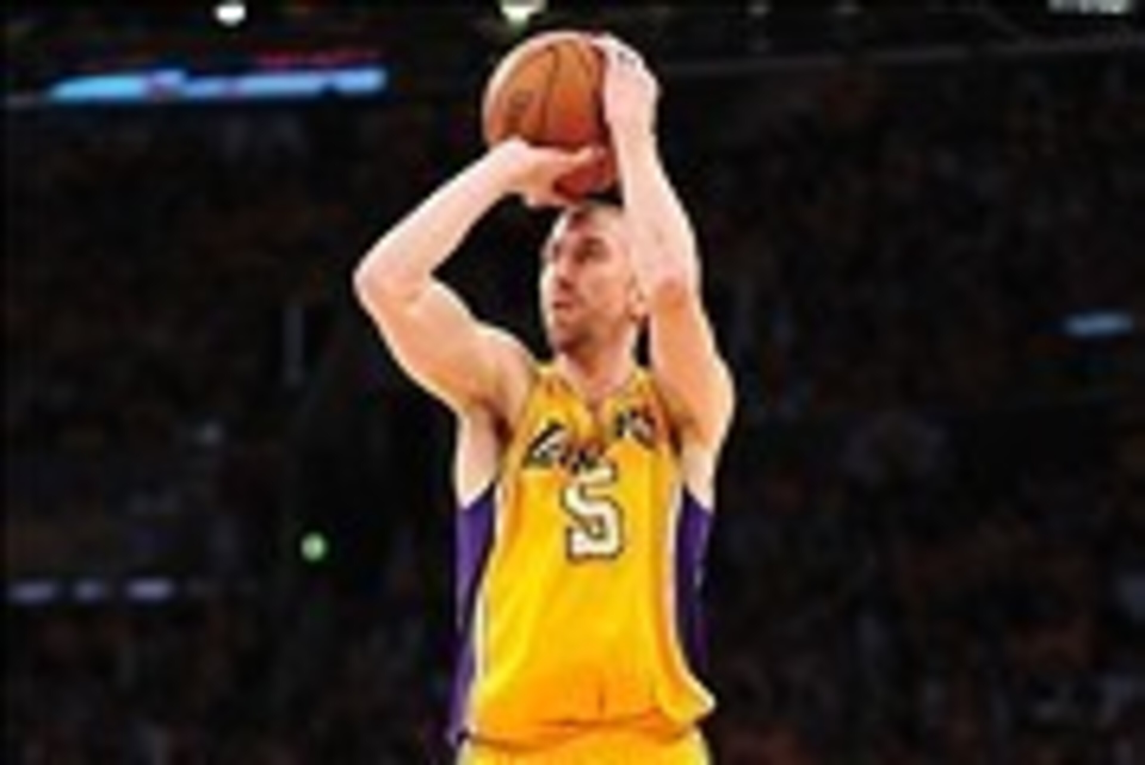 May 18, 2012; Los Angeles, CA, USA; Los Angeles Lakers point guard Steve Blake (5) attempts a three point basket against the Oklahoma City Thunder during the second half of game three of the Western Conference semifinals of the 2012 NBA Playoffs at Staple May 18, 2012; Los Angeles, CA, USA; Los Angeles Lakers point guard Steve Blake (5) attempts a three point basket against the Oklahoma City Thunder during the second half of game three of the Western Conference semifinals of the 2012 NBA Playoffs at Staple