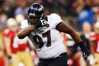 NEW ORLEANS, LA - FEBRUARY 03:  Arthur Jones #97 of the Baltimore Ravens celebrates after a tackle during Super Bowl XLVII at the Mercedes-Benz Superdome on February 3, 2013 in New Orleans, Louisiana.  (Photo by Christian Petersen/Getty Images)