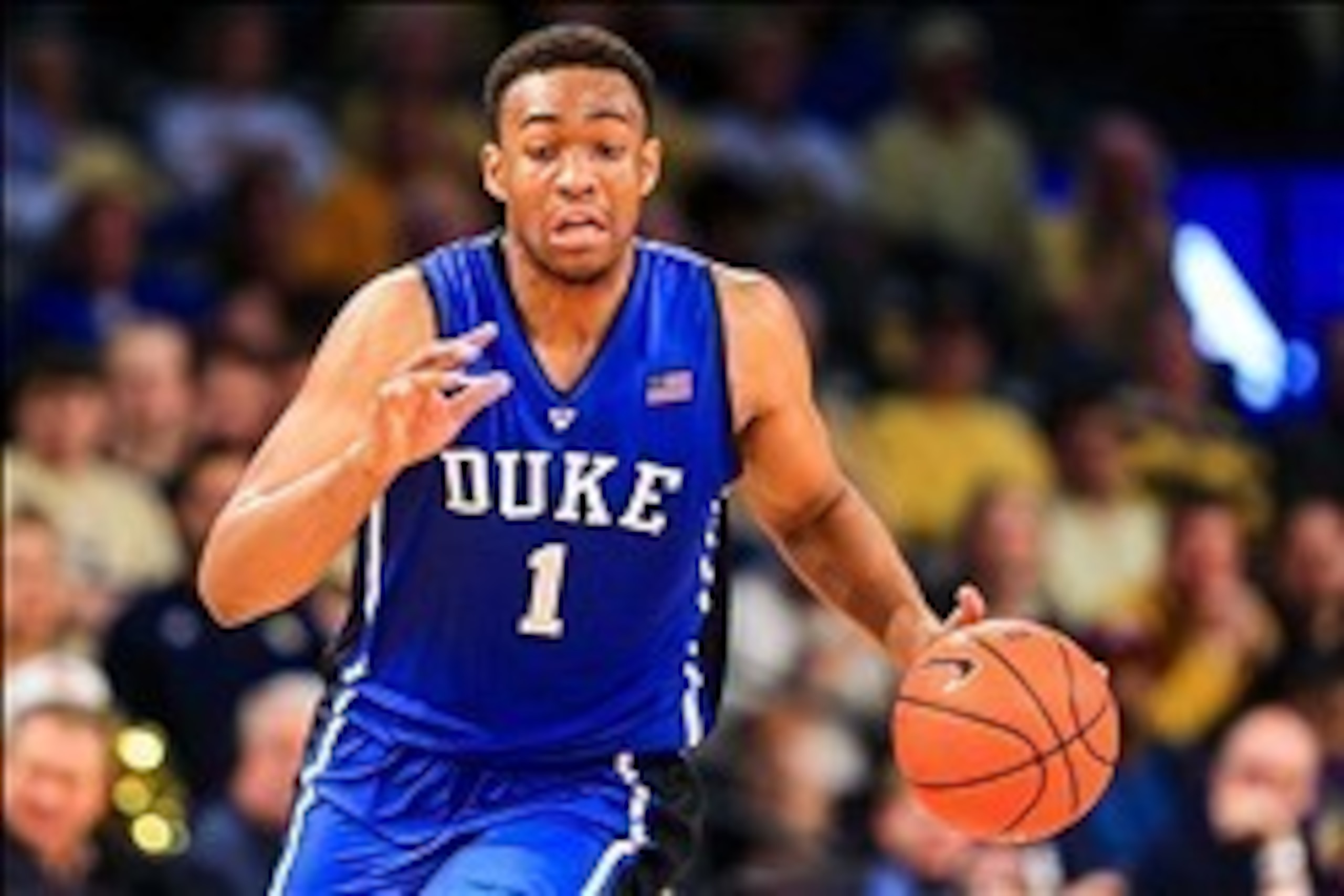 Feb 18, 2014; Atlanta, GA, USA; Duke Blue Devils forward Jabari Parker (1) takes the ball down court in the first half against the Georgia Tech Yellow Jackets at Hank McCamish Pavilion. Mandatory Credit: Daniel Shirey-USA TODAY Sports