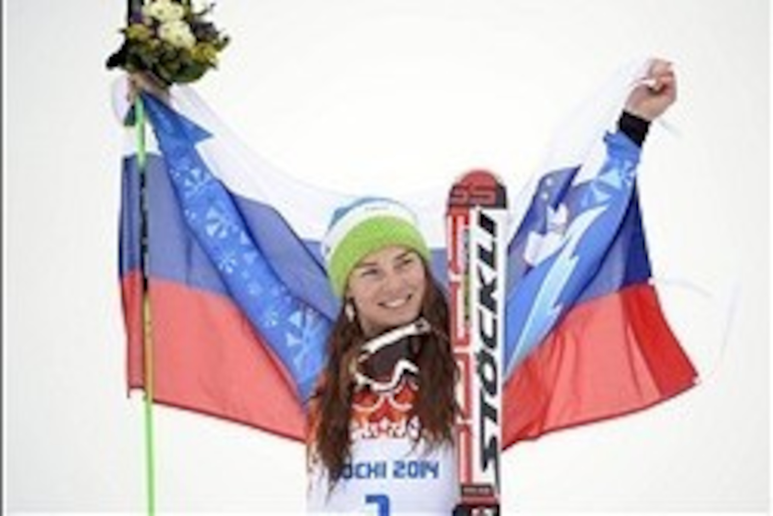 Feb 18, 2014; Krasnaya Polyana, RUSSIA; Tina Maze (SLO) celebrates winning gold in ladies' giant slalom during the Sochi 2014 Olympic Winter Games at Rosa Khutor Alpine Center. Mandatory Credit: Jack Gruber-USA TODAY Sports