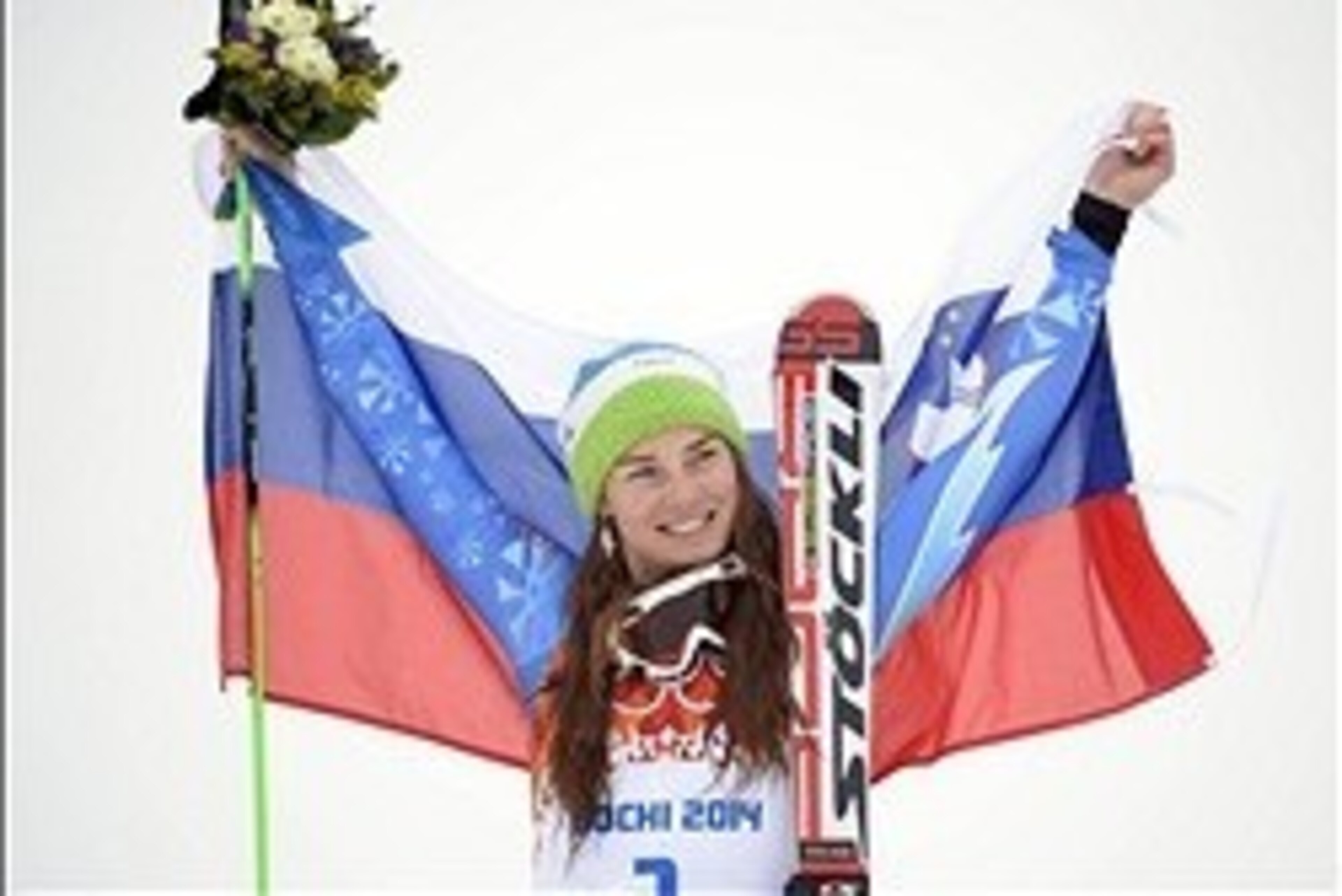 Feb 18, 2014; Krasnaya Polyana, RUSSIA; Tina Maze (SLO) celebrates winning gold in ladies' giant slalom during the Sochi 2014 Olympic Winter Games at Rosa Khutor Alpine Center. Mandatory Credit: Jack Gruber-USA TODAY Sports