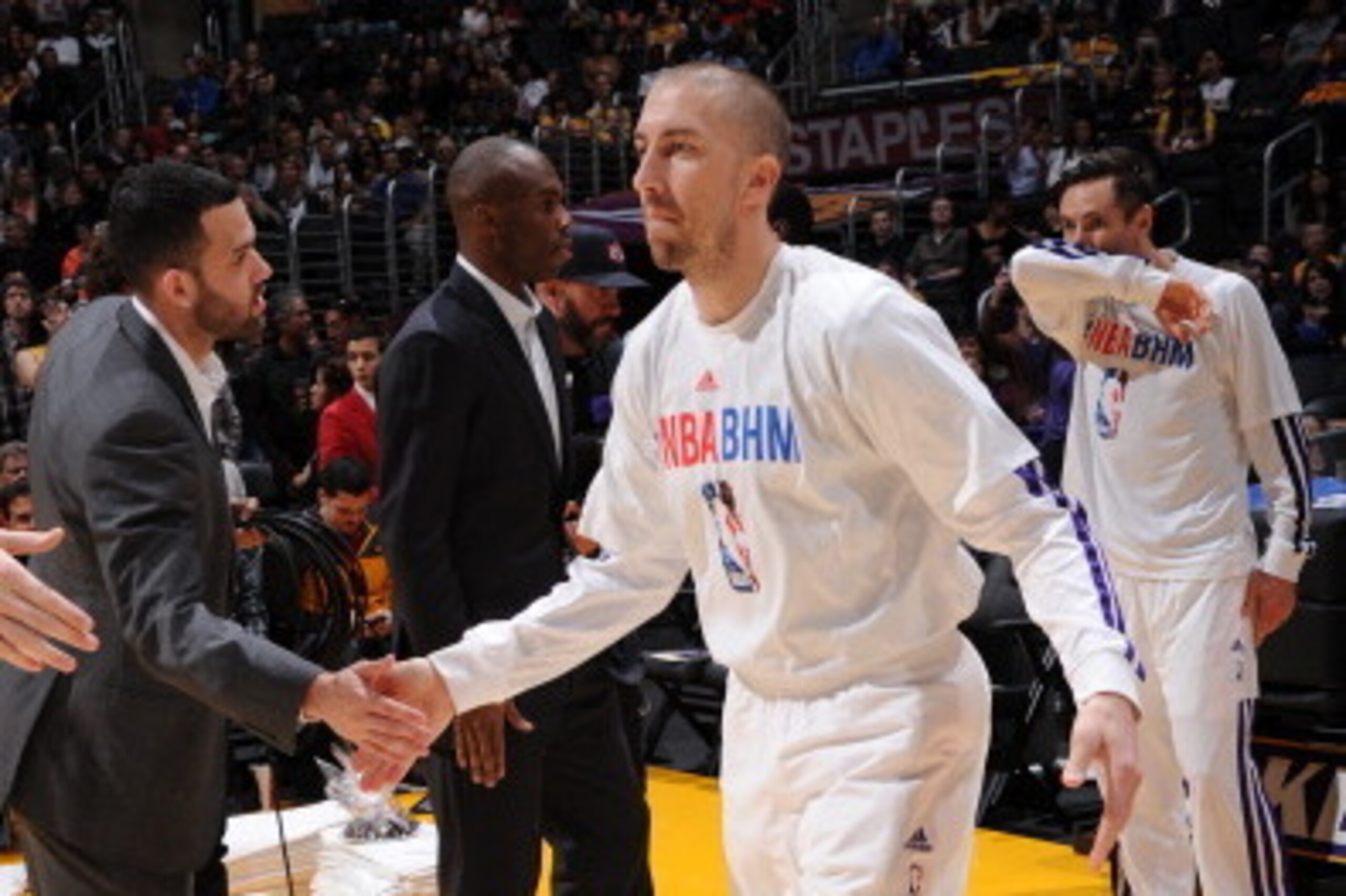 LOS ANGELES, CA - FEBRUARY 9: Steve Blake #5 of the Los Angeles Lakers is introduced before a game against the Chicago Bulls at STAPLES Center on February 9, 2014 in Los Angeles, California. NOTE TO USER: User expressly acknowledges and agrees that, by do