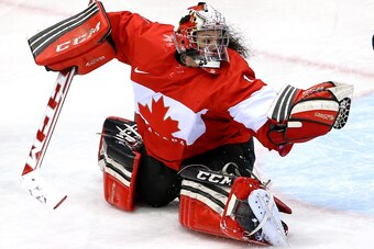 SOCHI, RUSSIA - FEBRUARY 20:  Shannon Szabados #1 of Canada tends the net against the United States during the Ice Hockey Women's Gold Medal Game on day 13 of the Sochi 2014 Winter Olympics at Bolshoy Ice Dome on February 20, 2014 in Sochi, Russia.  (Phot
