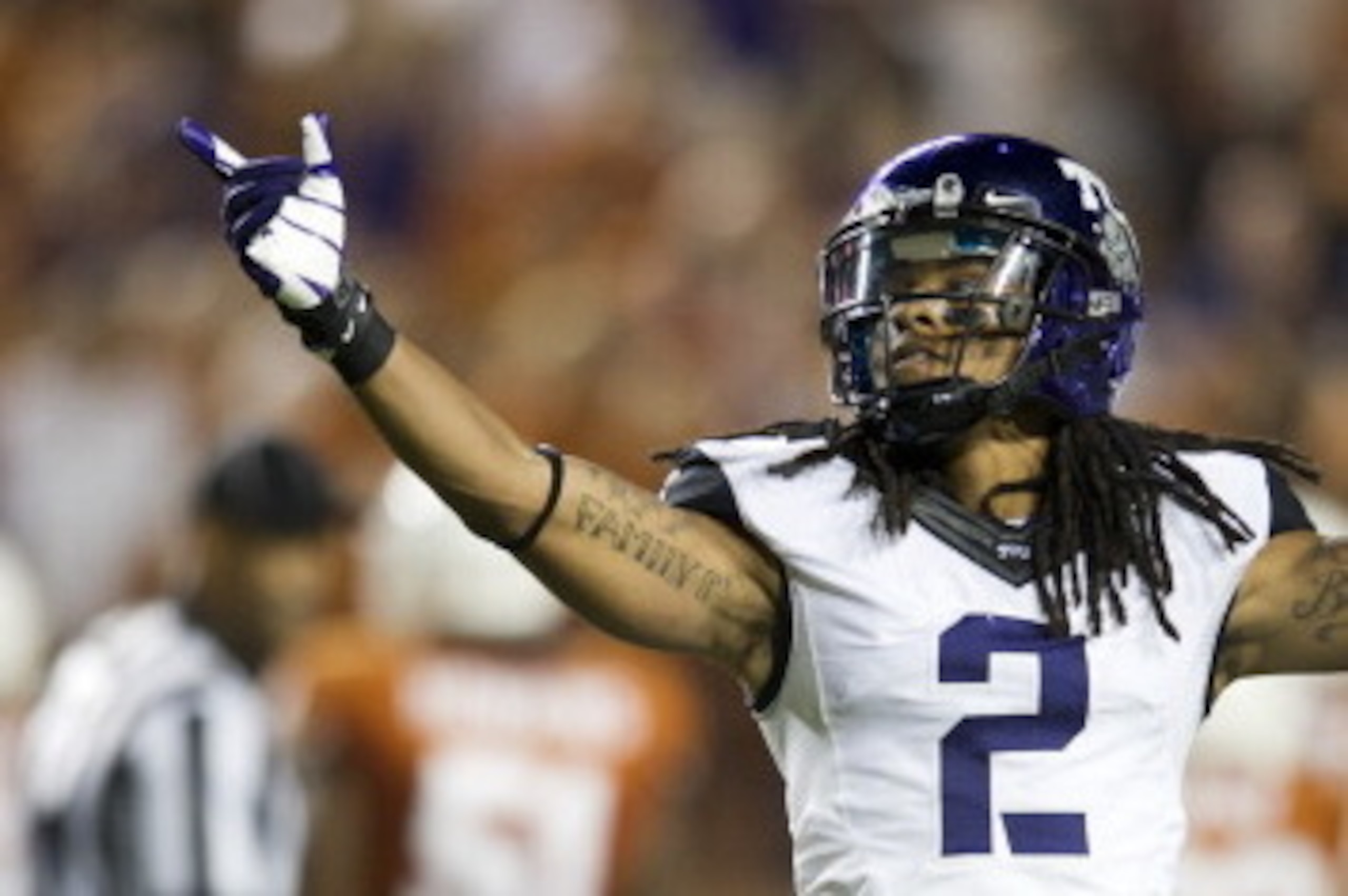 AUSTIN, TX - NOVEMBER 22:  Jason Verrett #2 of the TCU Horned Frogs celebrates after an interception that lead to the TCU victory over the Texas Longhorns on November 22, 2012 at Darrell K Royal-Texas Memorial Stadium in Austin, Texas.  (Photo by Cooper N